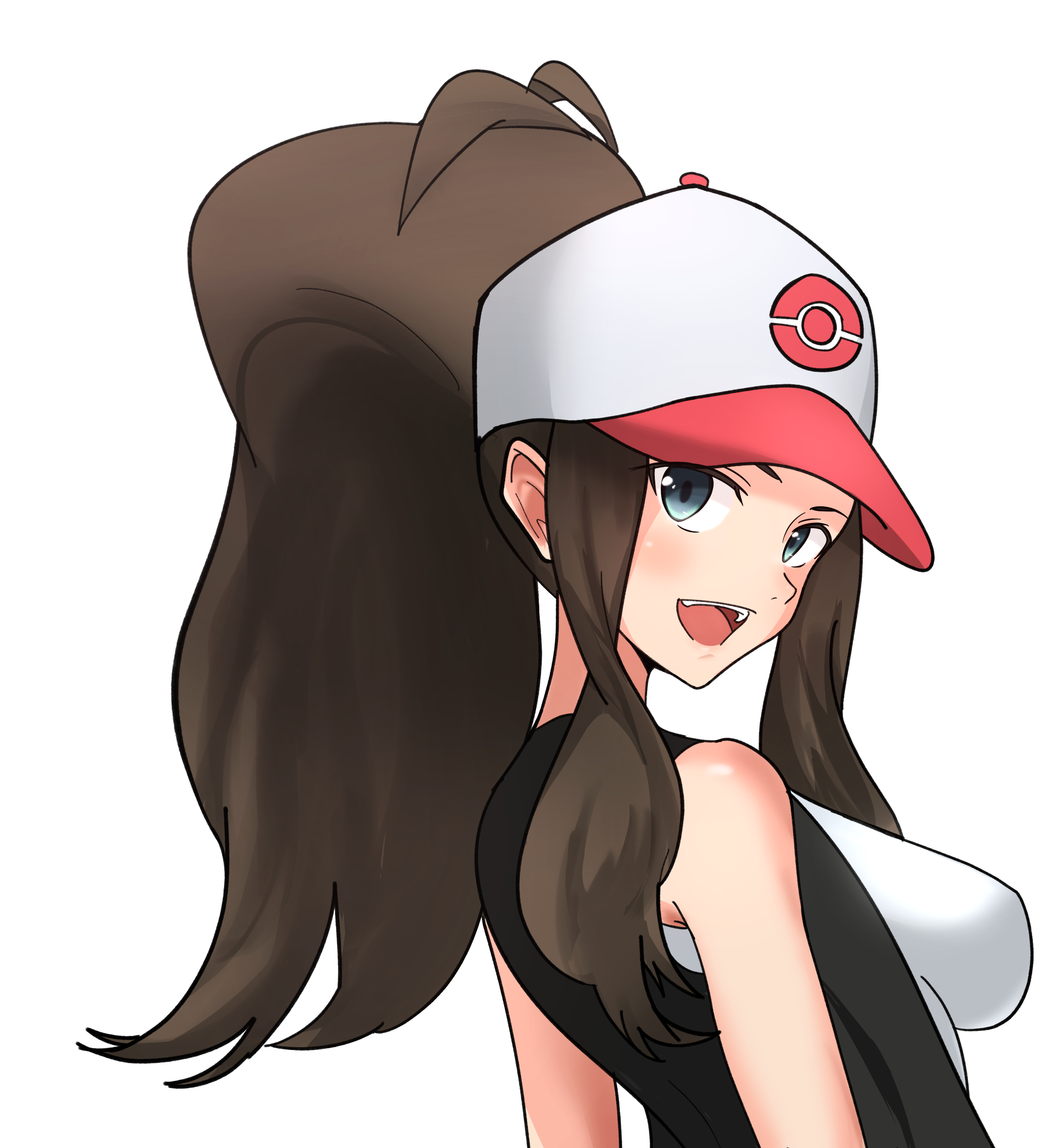 Hilda Pokémon long hair ponytail brunette solo big boobs open