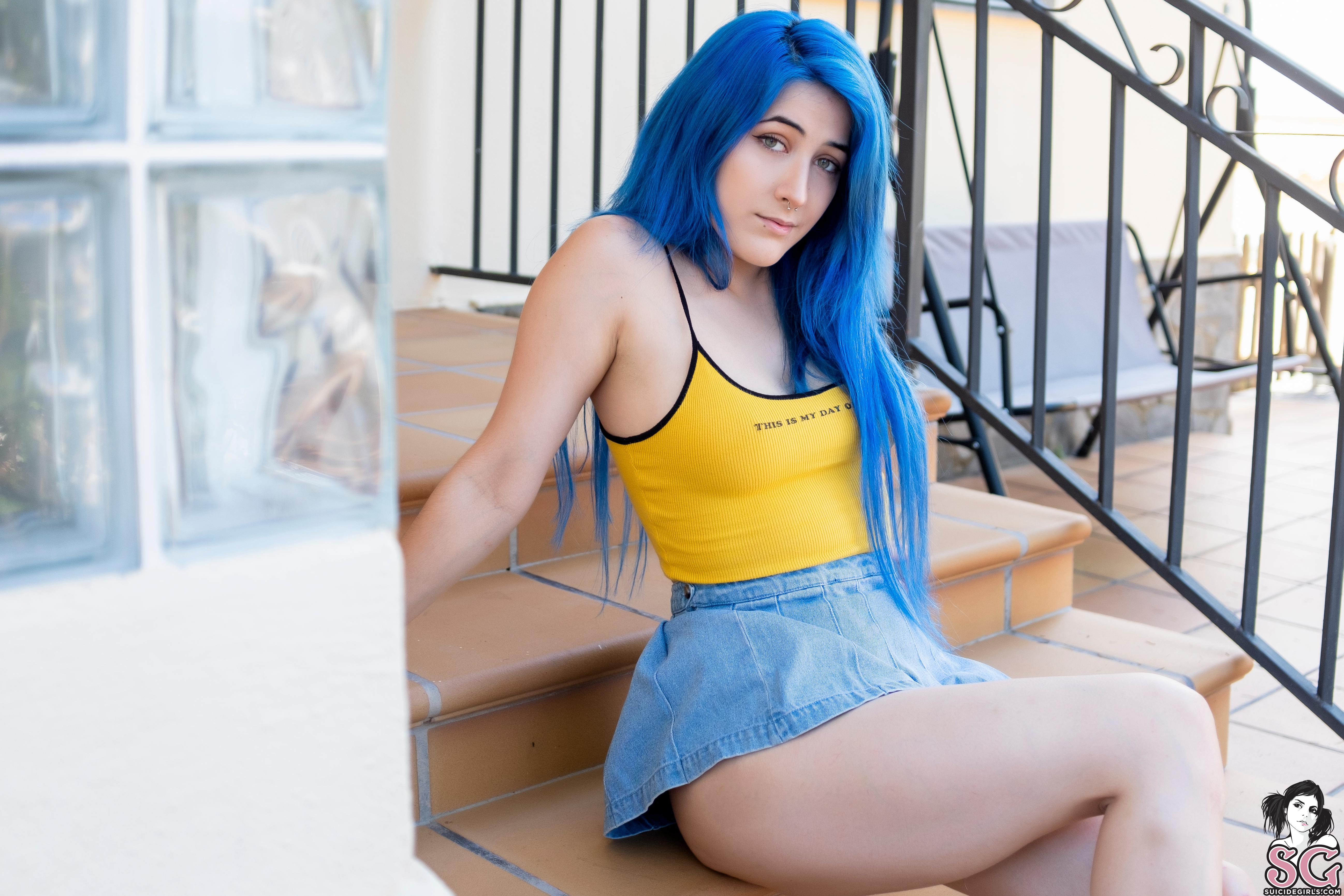 Blue hair babe pulls tape nipples compilation