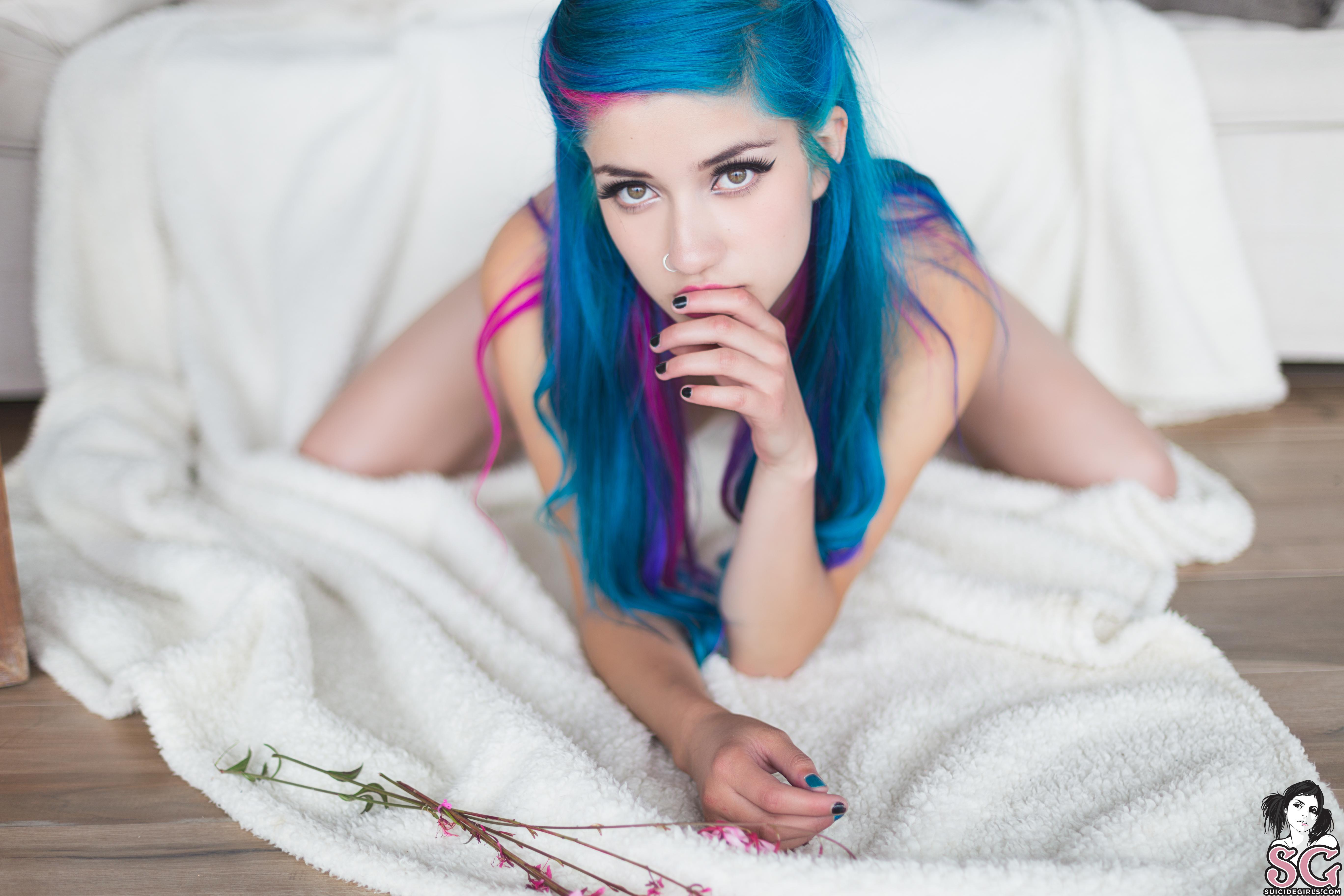 Blue hair babe pulls tape nipples compilation