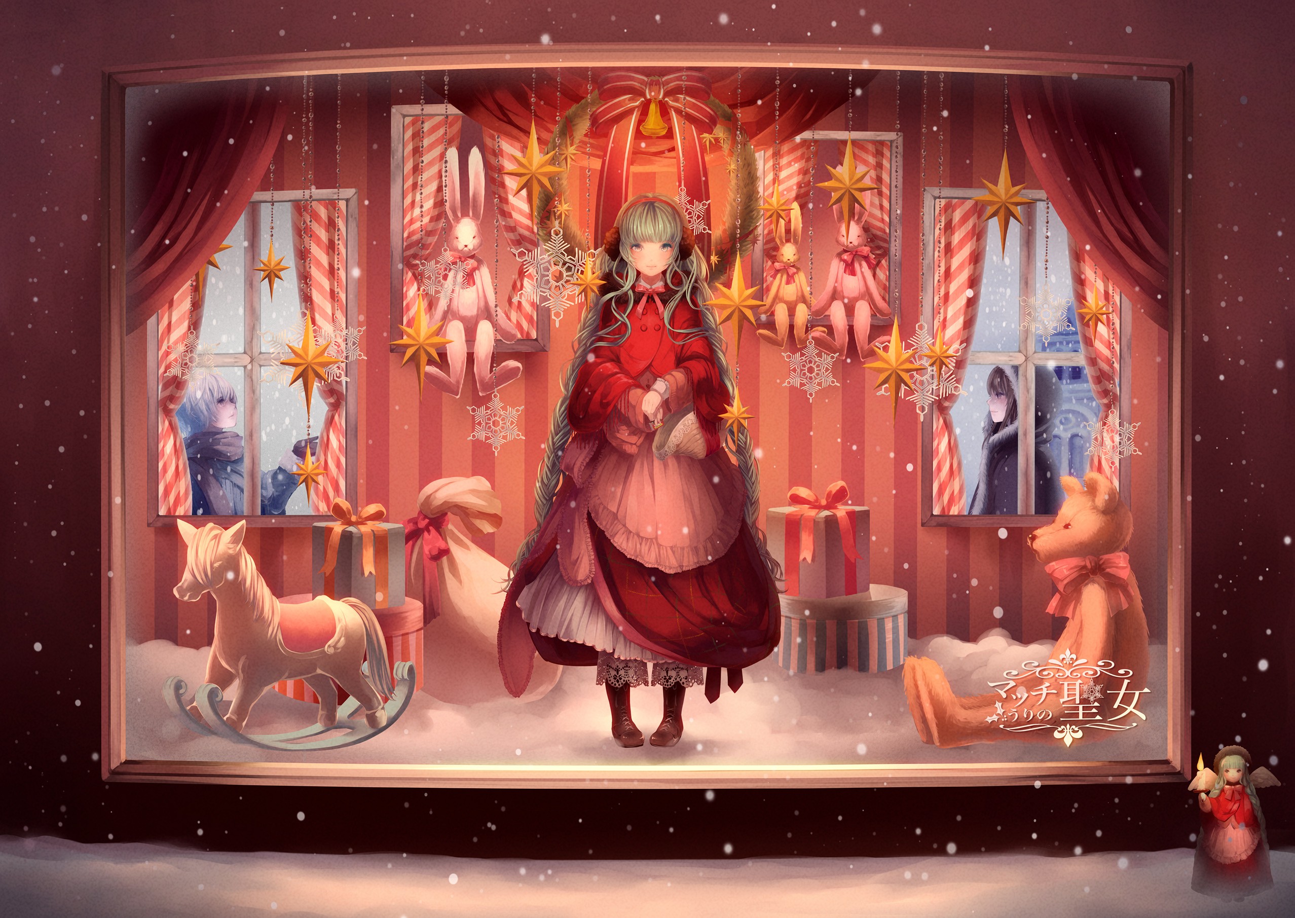 Anime 2555x1811 Vocaloid Hatsune Miku anime anime girls snow Christmas standing blonde toys presents Christmas presents dress red dress
