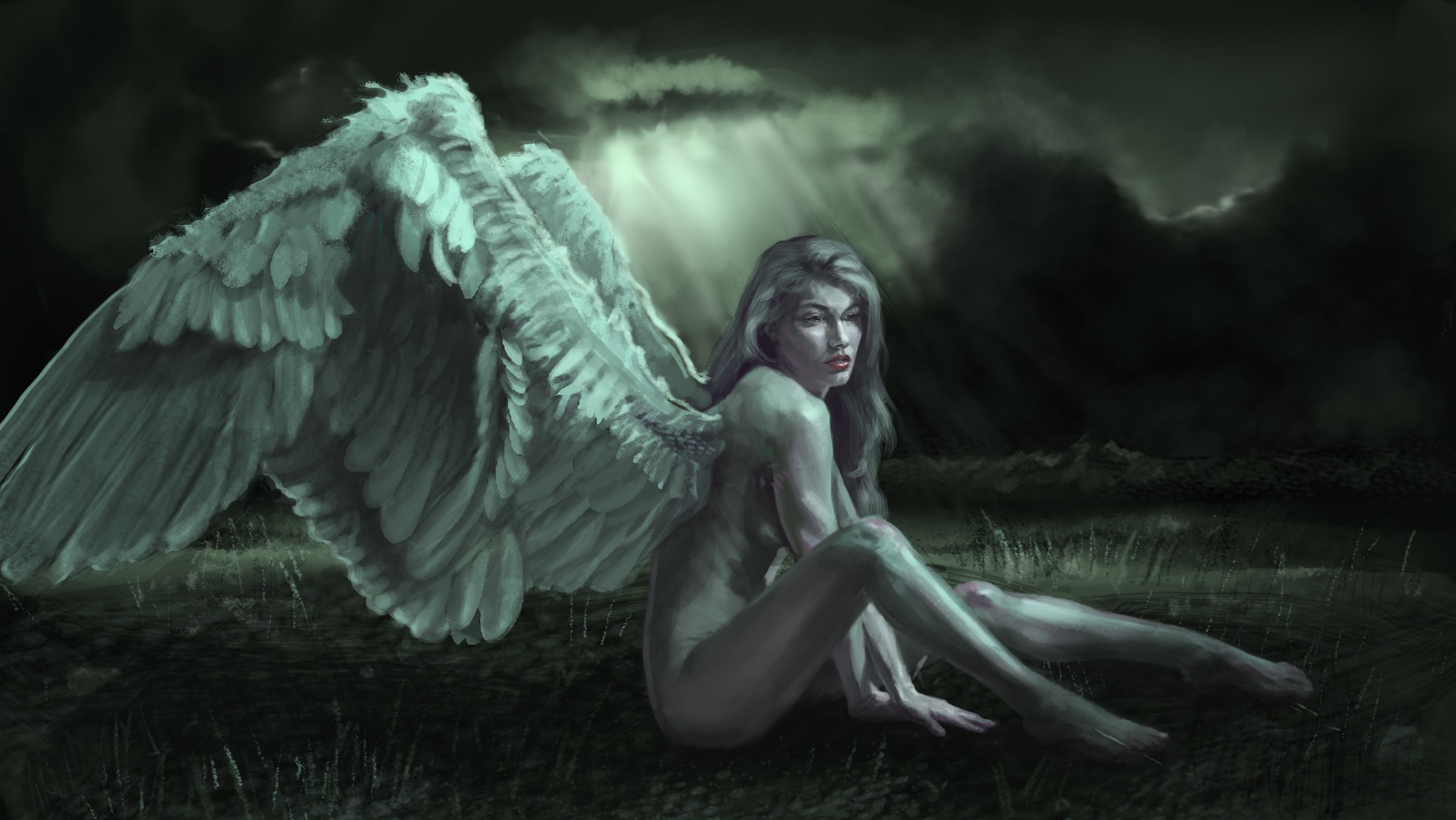 General 2500x1408 fantasy art angel wings fantasy girl women nude barefoot sky dark sitting