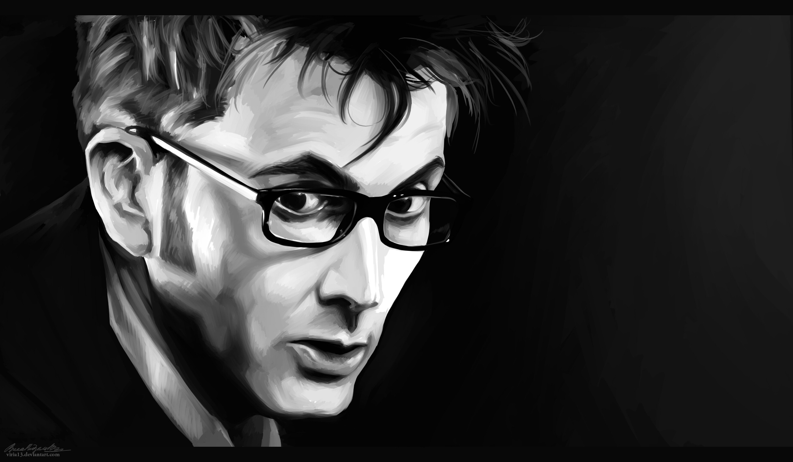 General 2600x1514 Doctor Who The Doctor David Tennant monochrome Tenth Doctor black TV series Science Fiction Men science fiction digital art simple background watermarked