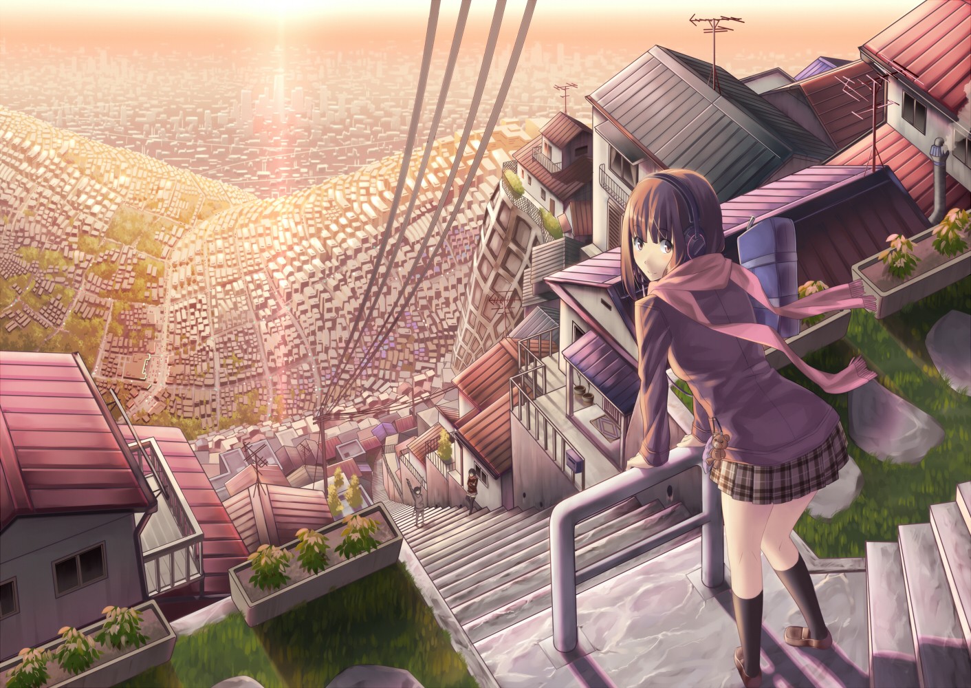Anime 1412x1000 aerial view sunset building stairs headphones power lines soft shading detailed anime anime girls scarf skirt brown eyes cityscape urban looking at viewer