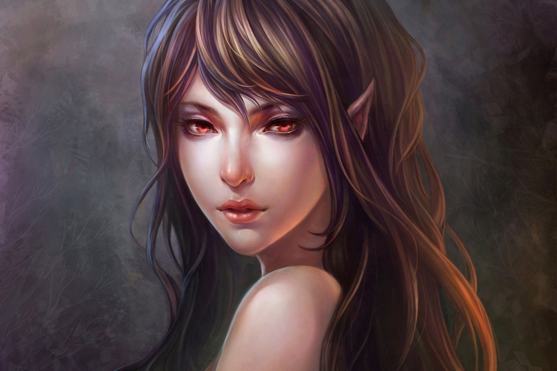 General 1920x1278 artwork fantasy art fantasy girl women pointy ears red eyes brunette long hair face portrait
