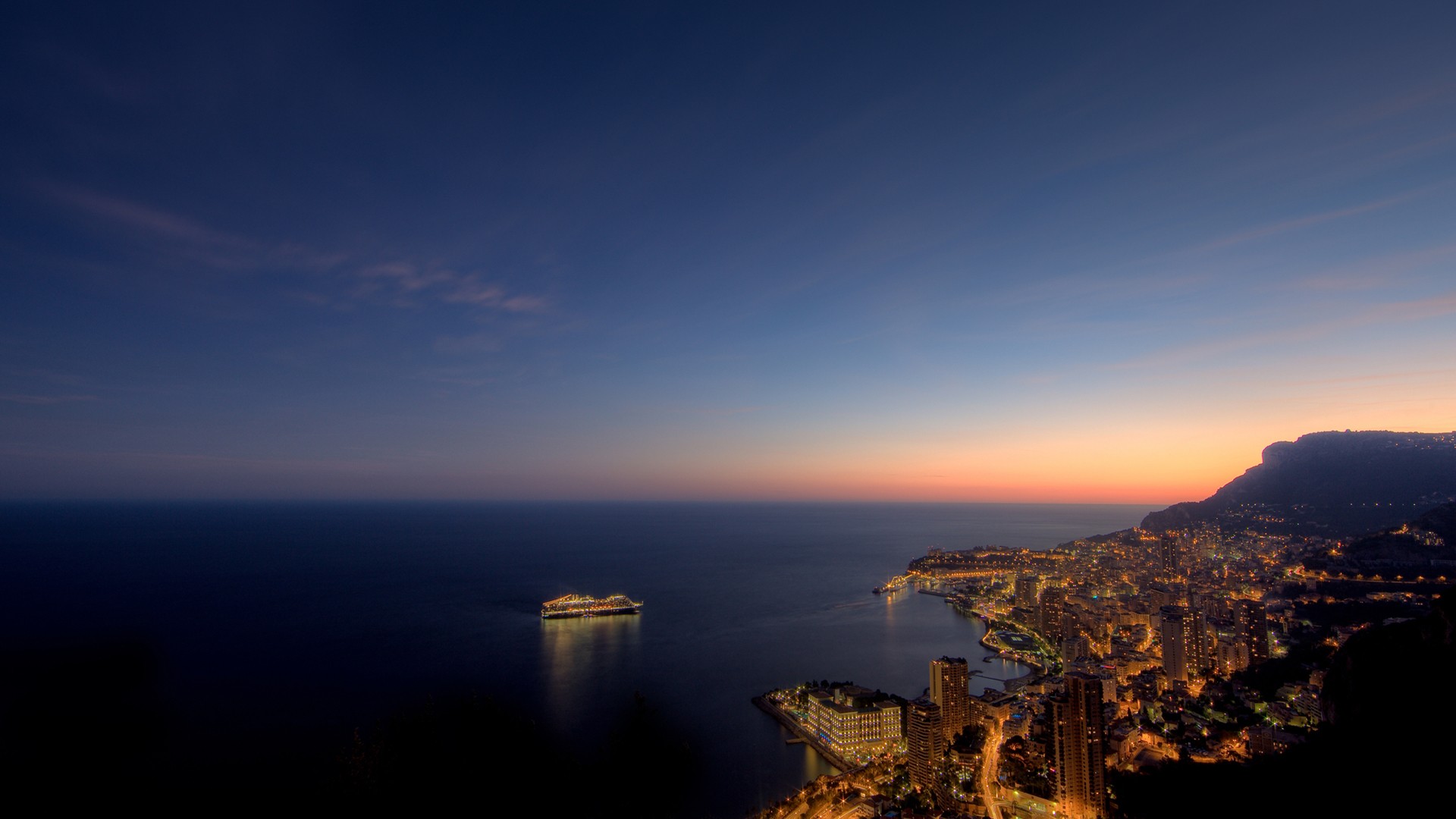 General 1920x1080 cityscape sunset Monaco sky sea lights horizon