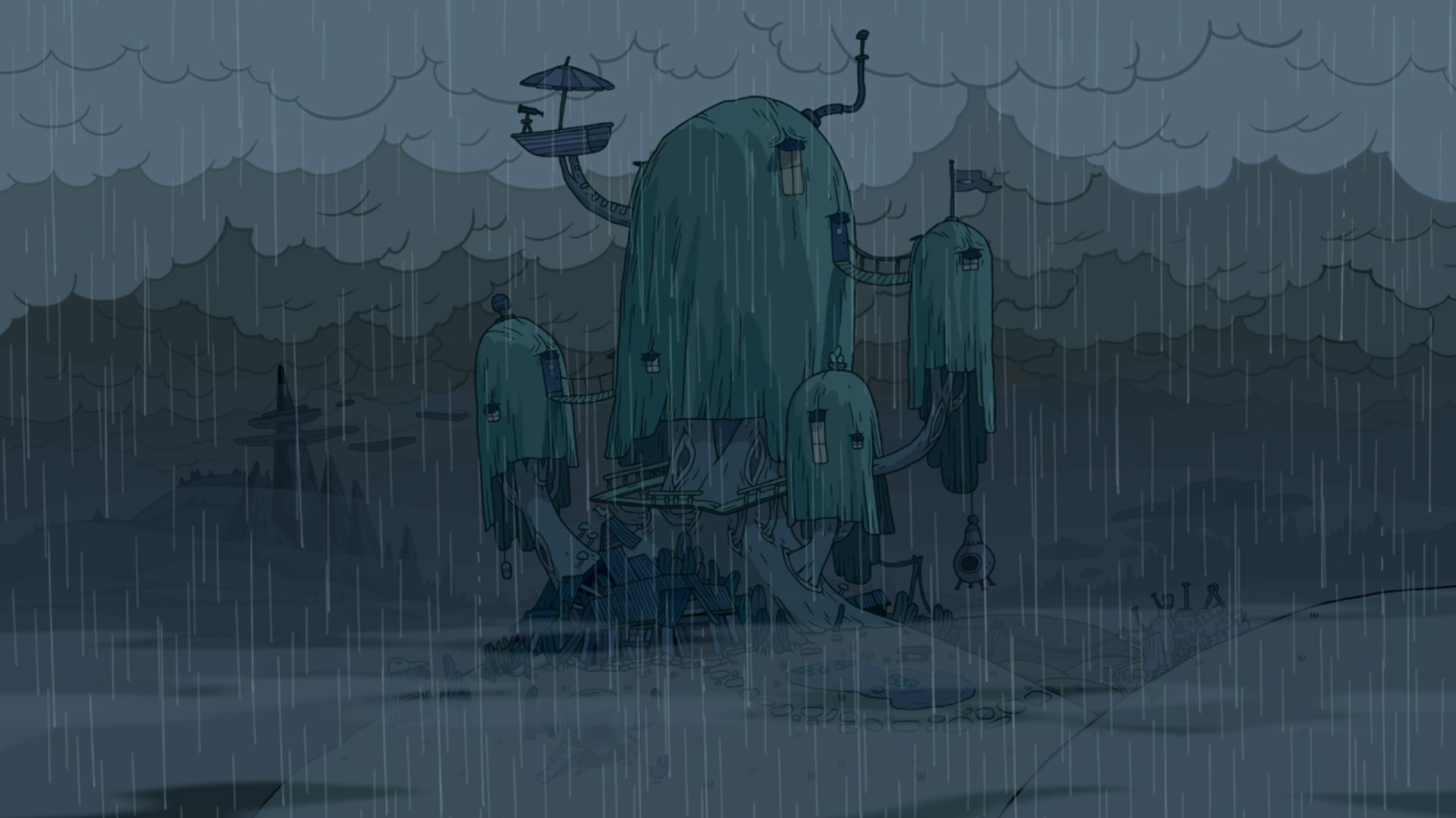 General 1918x1077 rain clouds landscape Adventure Time tree house Cartoon Network mist digital art