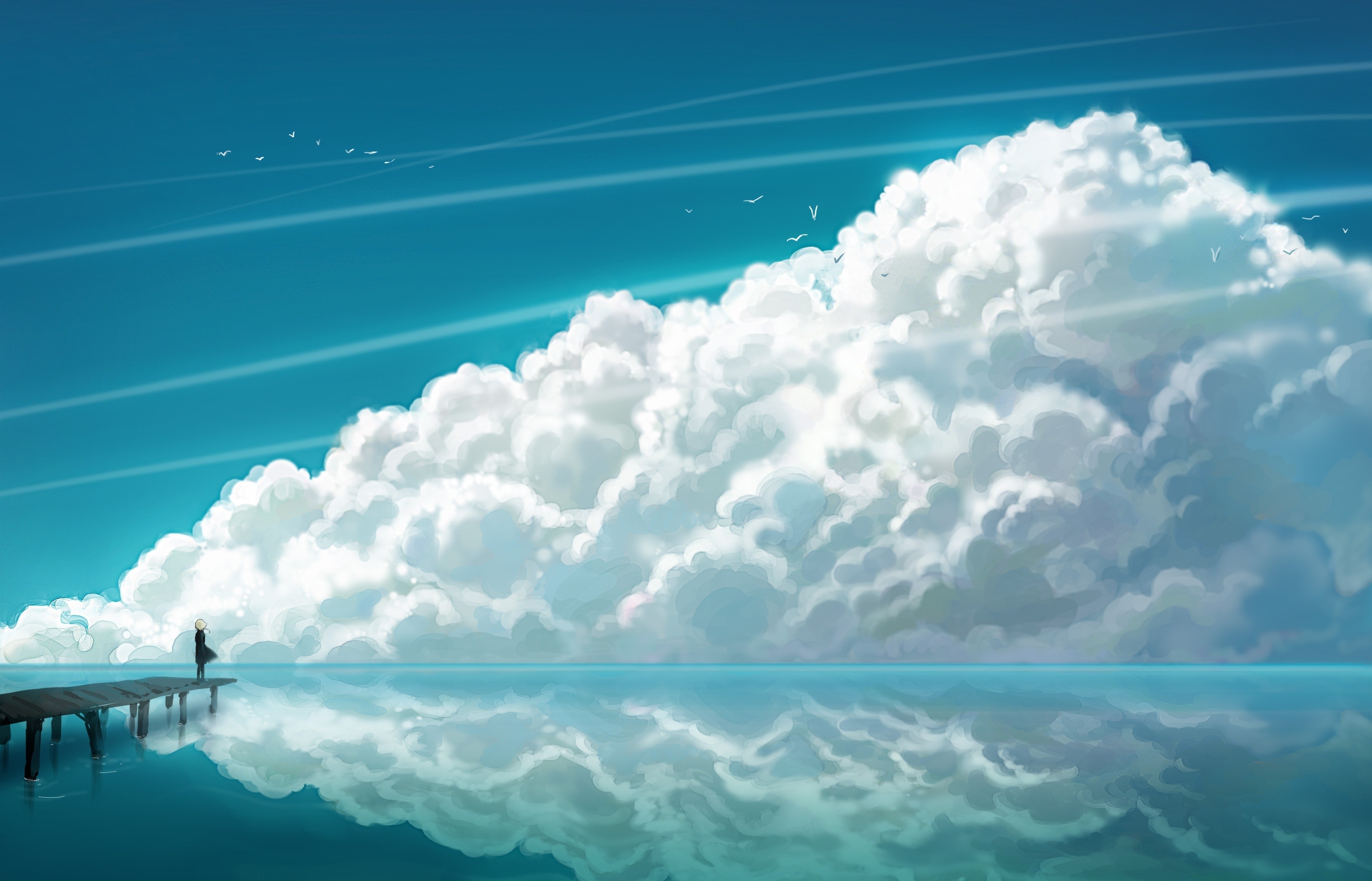 Anime 3800x2440 fantasy art anime sky pier clouds reflection cyan