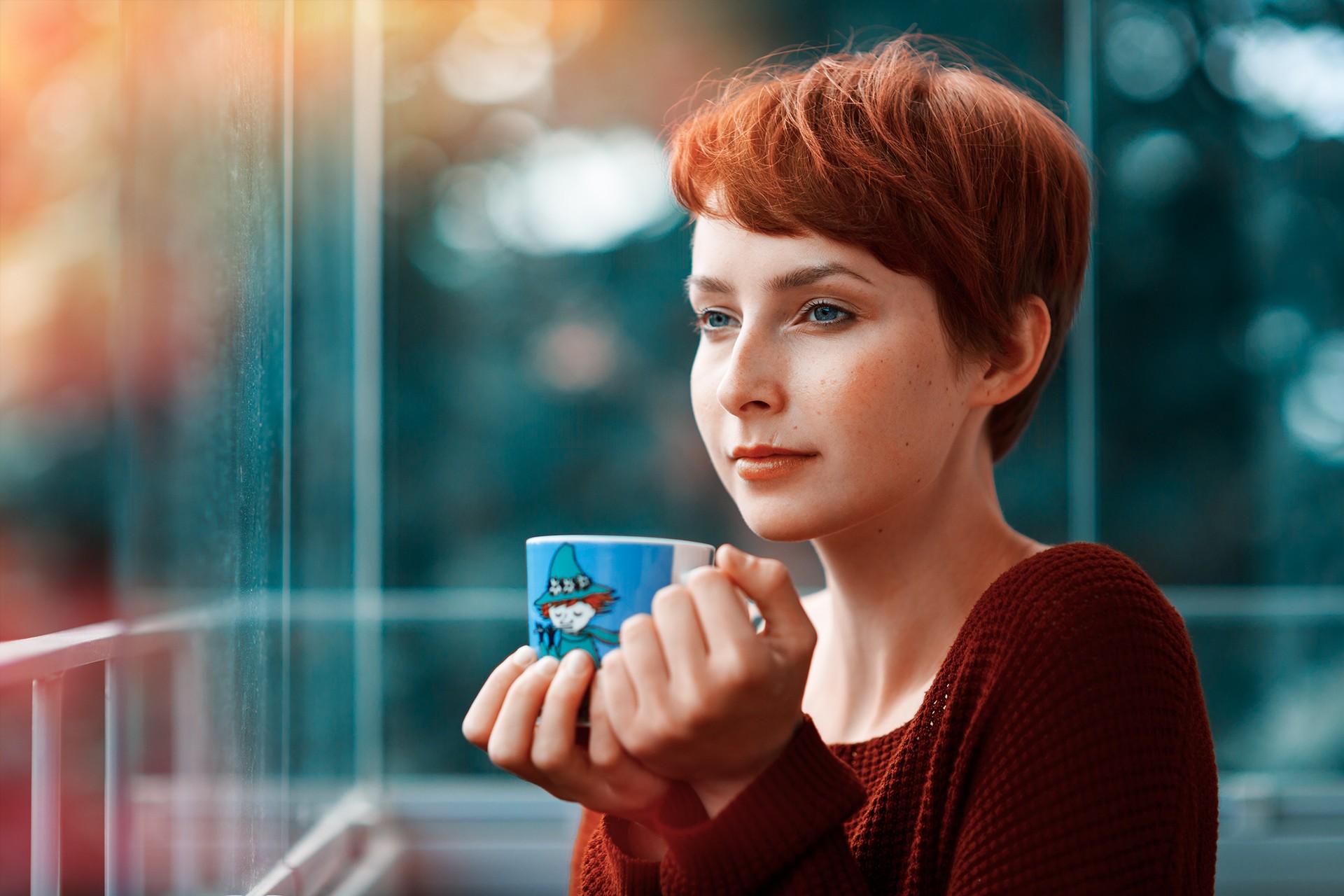 People 1920x1280 women redhead short hair blue eyes cup freckles auburn hair model looking into the distance closeup