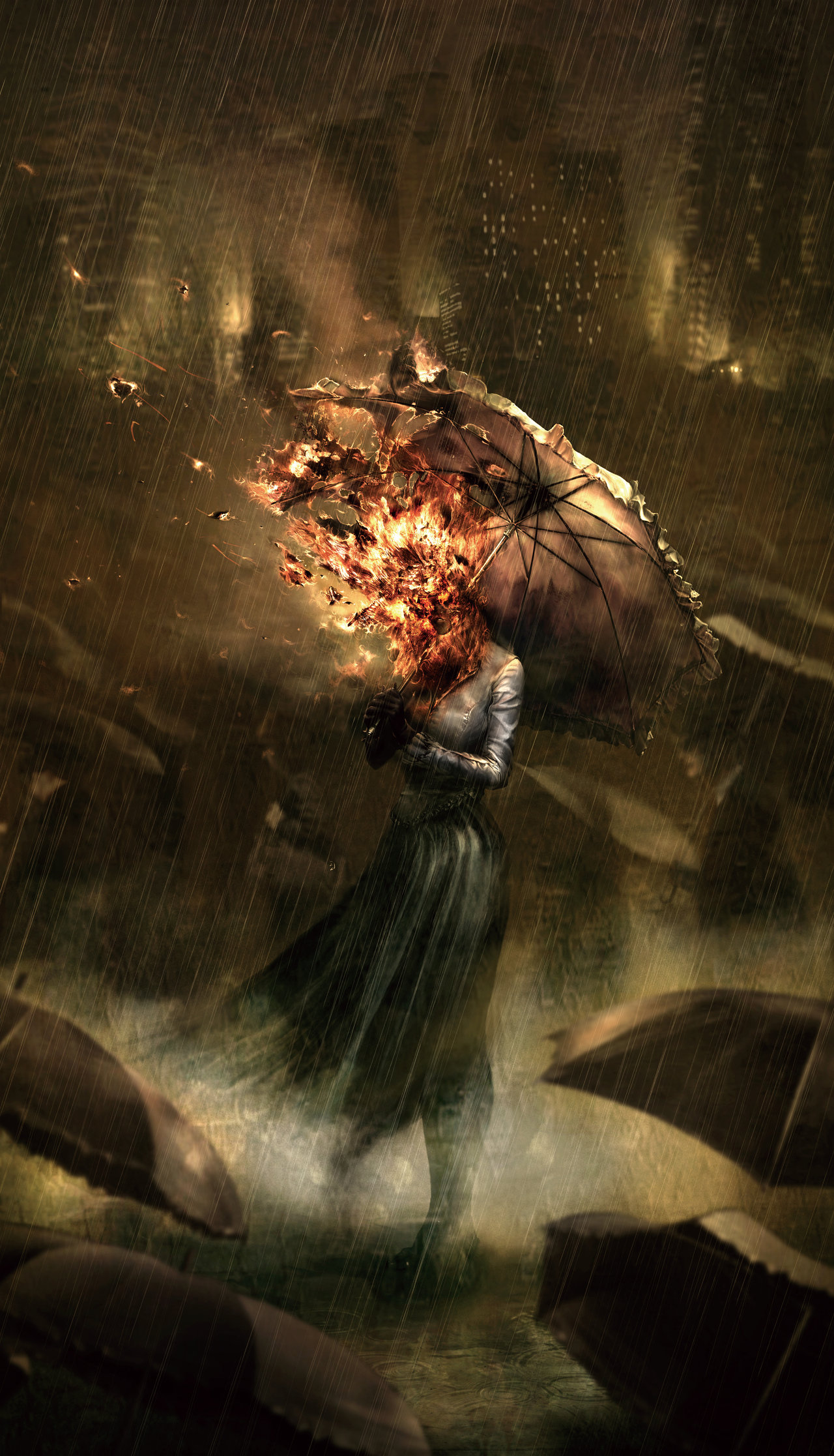 General 1280x2233 umbrella rain fire women fantasy art dark digital art