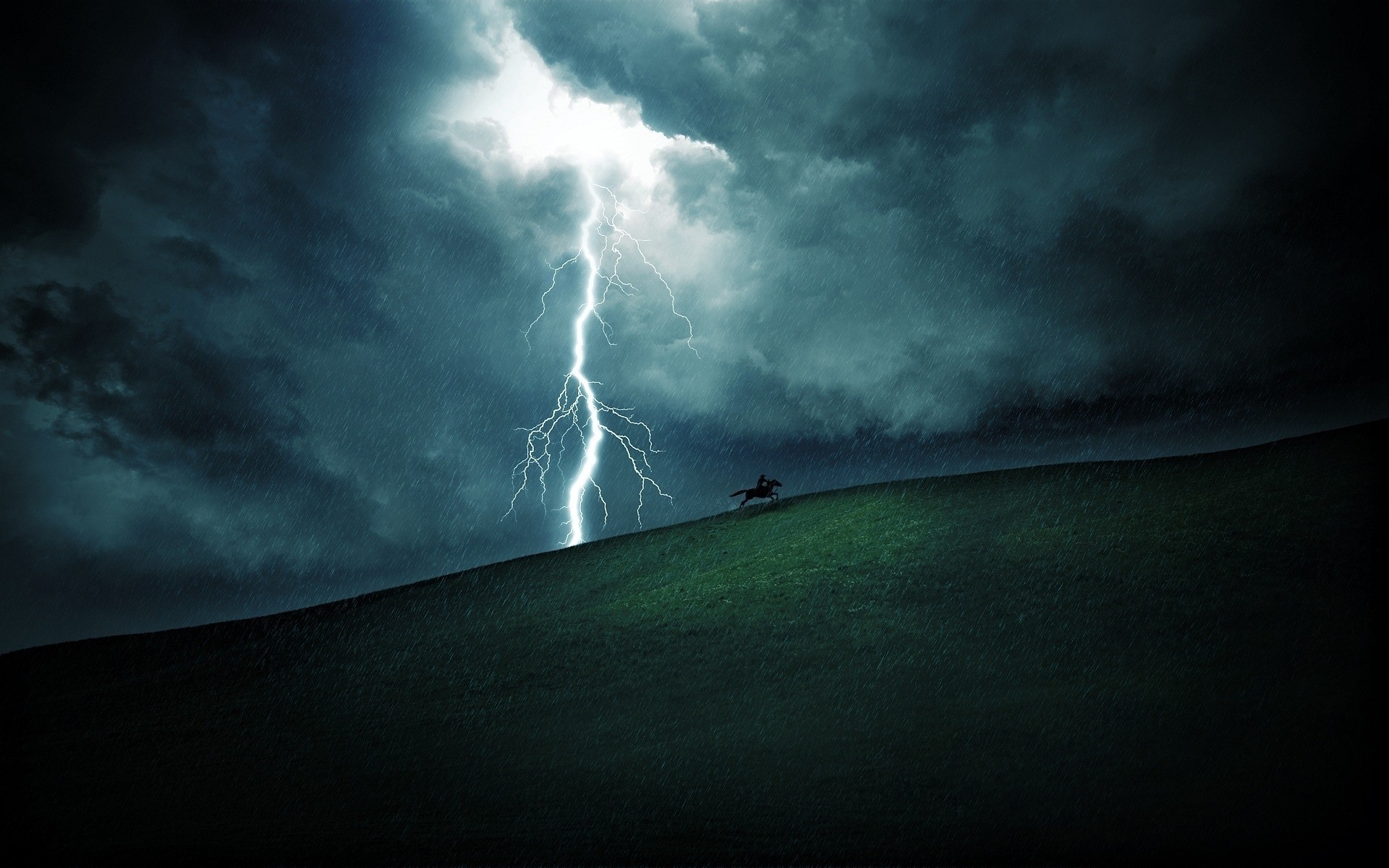 General 1920x1200 nature landscape clouds lightning digital art rain horse hills cowboys field storm