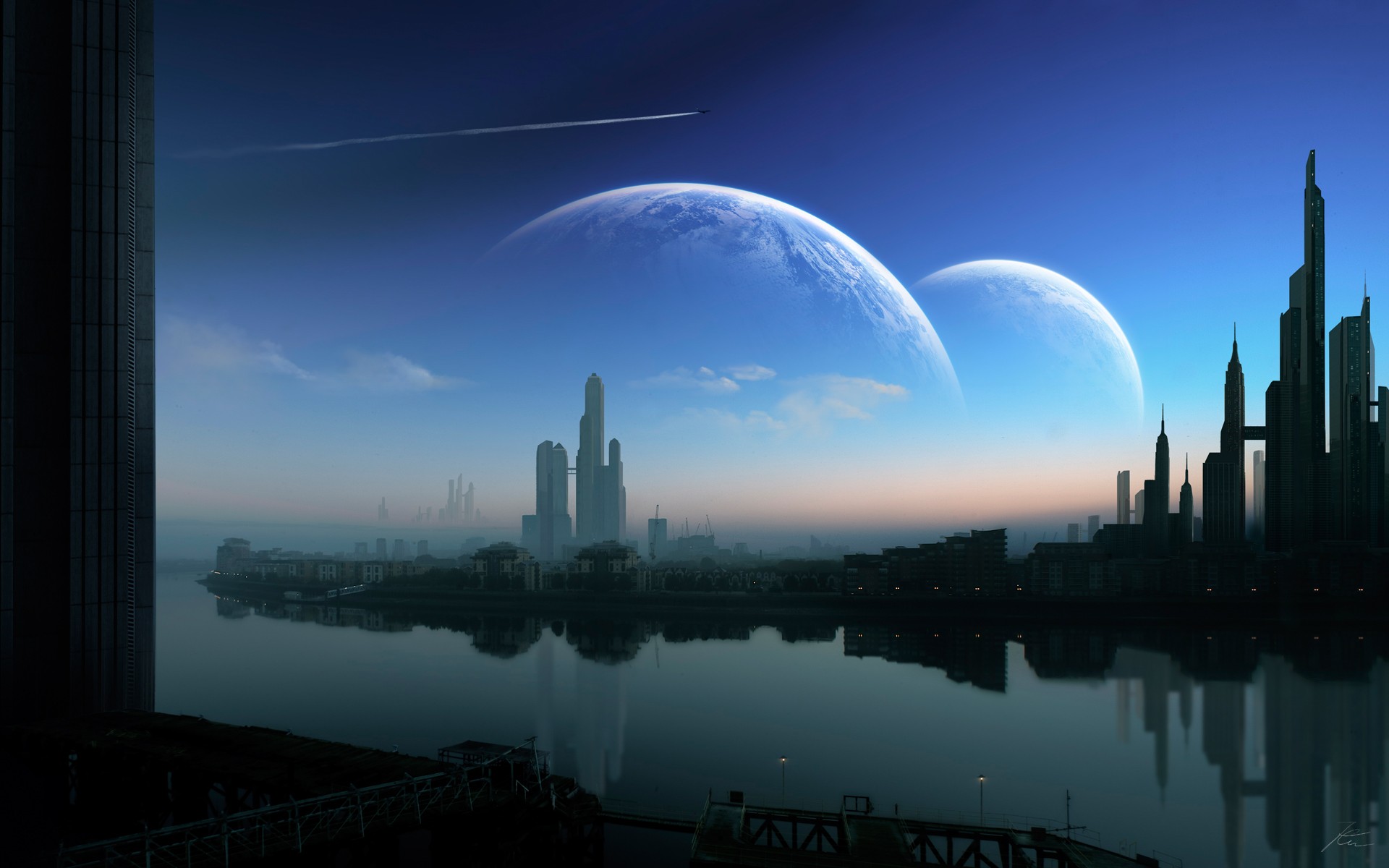 General 1920x1200 far view reflection collage science fiction futuristic city digital art futuristic sky planet water cityscape CGI