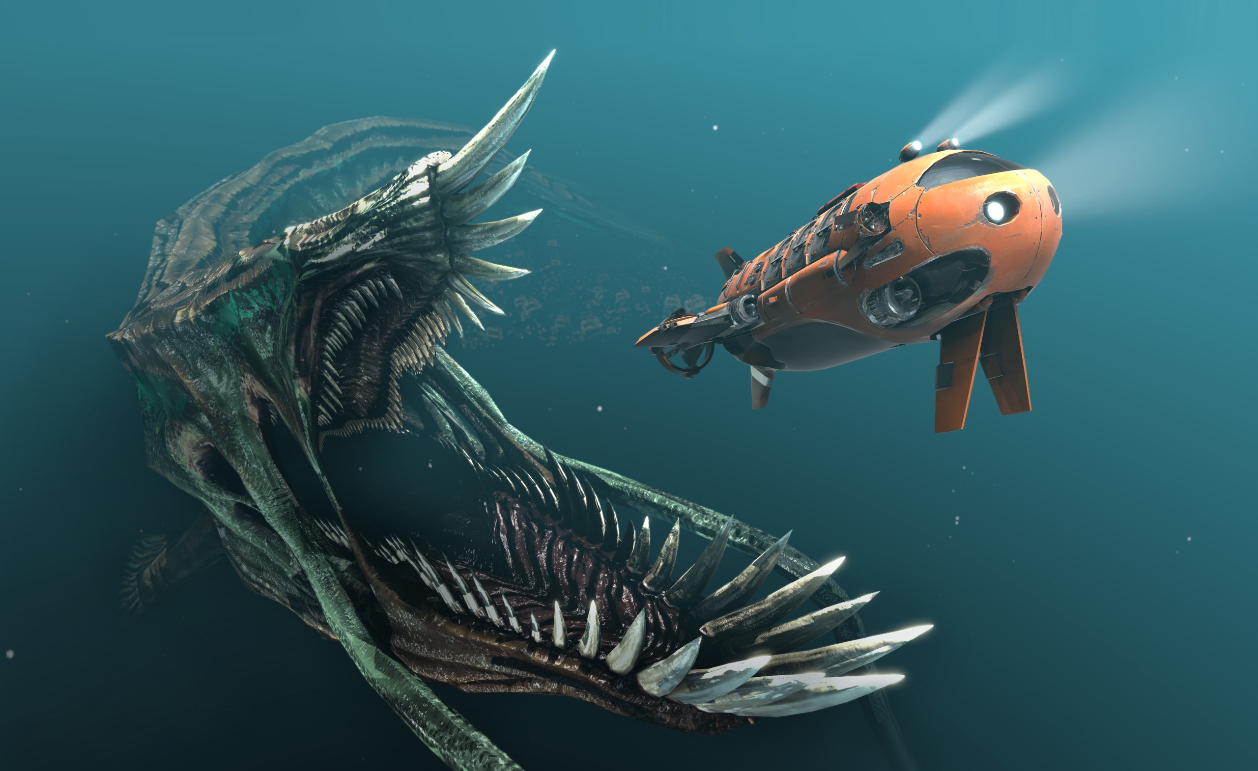 General 2560x1570 fantasy art digital art drawing underwater sea fish blue teeth submarine lights creature vehicle
