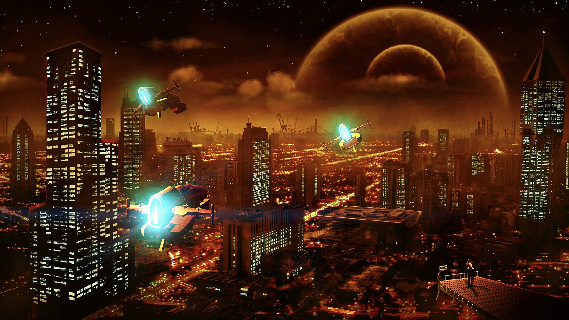General 1920x1080 artwork futuristic spaceship city digital art sky night science fiction
