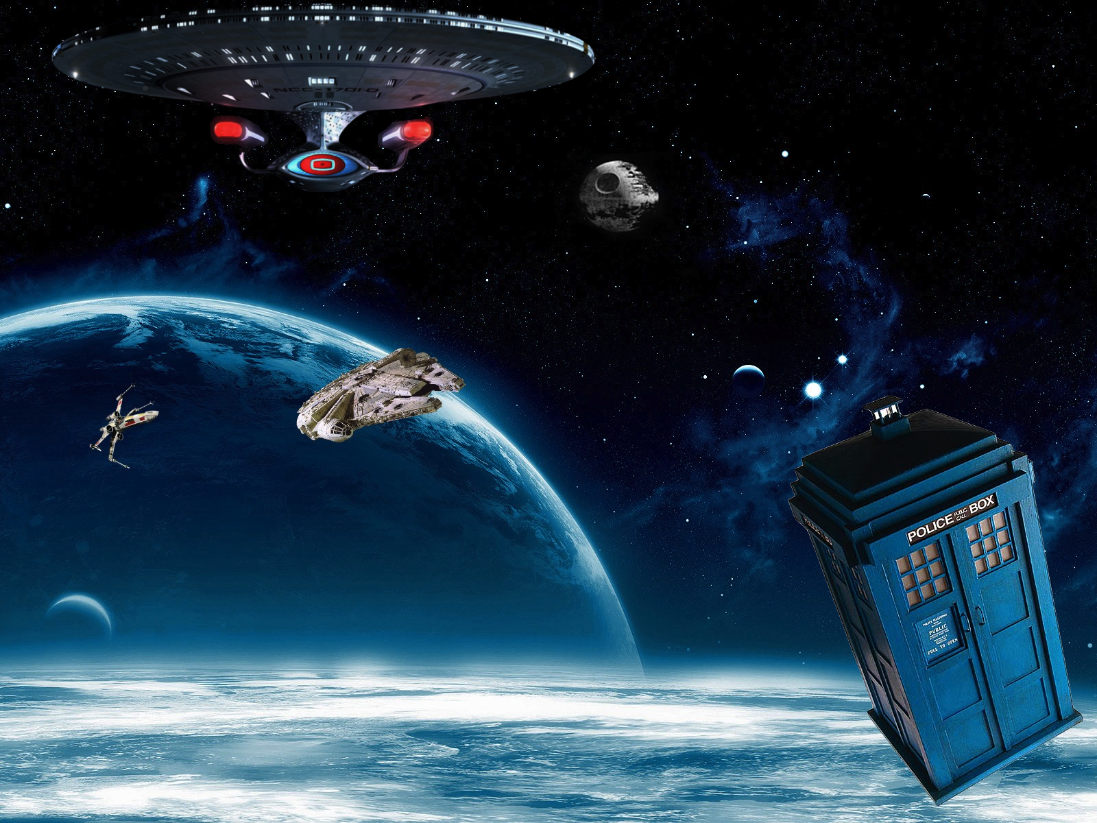 General 1600x1200 spaceship TARDIS Millennium Falcon Death Star X-wing space art science fiction crossover planet CGI USS Enterprise NCC-1701D Doctor Who space Star Trek Star Wars Star Wars Ships Star Trek Ships movies TV series vehicle