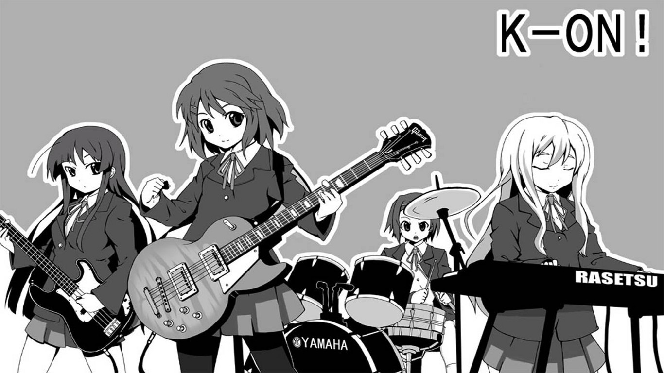 Anime 1366x768 anime K-ON! Hirasawa Yui Akiyama Mio Kotobuki Tsumugi Tainaka Ritsu monochrome guitar music anime girls musical instrument band group of women
