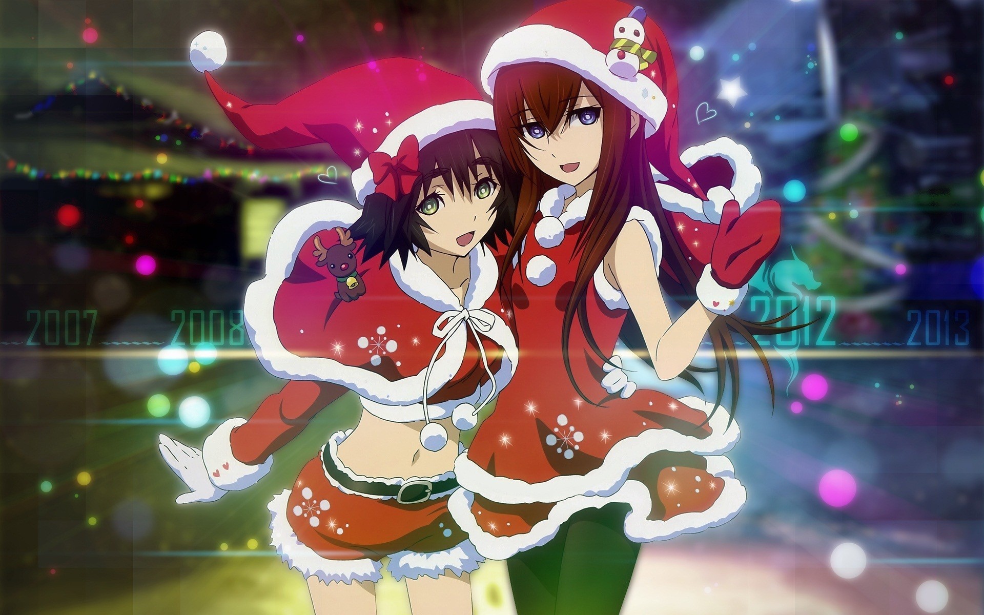 Anime 1920x1200 anime girls anime Steins;Gate Makise Kurisu Christmas two women looking at viewer Santa hats