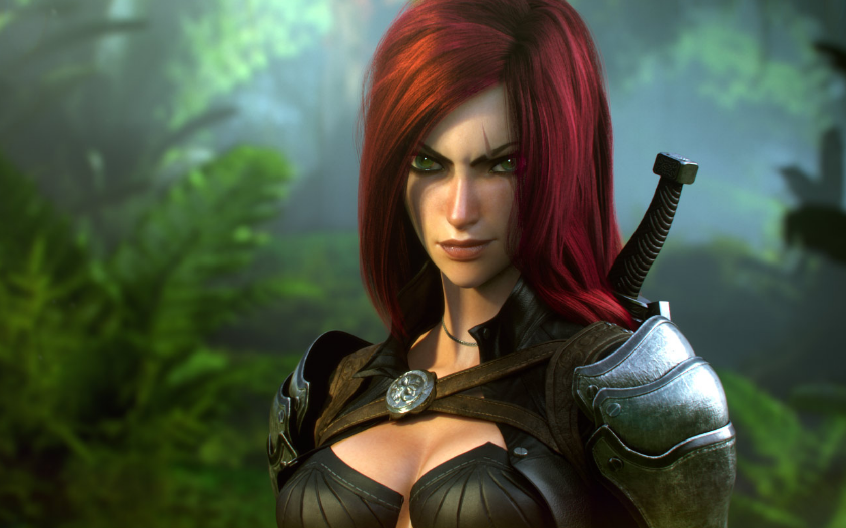 General 1680x1050 League of Legends video games fantasy girl Katarina (League of Legends) looking at viewer redhead PC gaming video game art video game girls boobs women video game characters fantasy art long hair face portrait green eyes