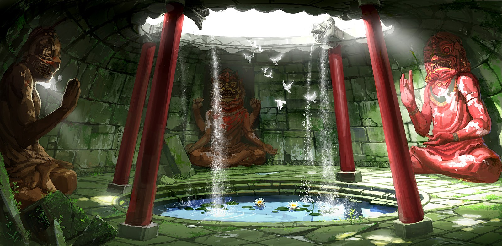 Anime 1600x783 temple pond fantasy art artwork
