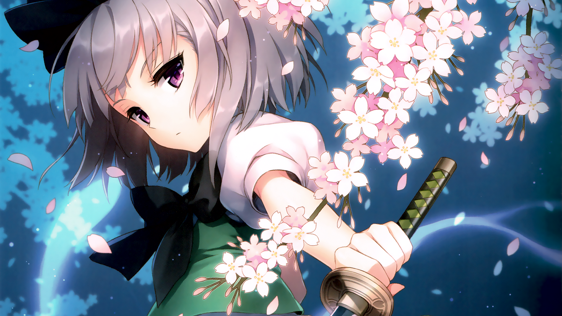 Anime 1920x1080 Touhou an2a Konpaku Youmu flowers cherry blossom katana