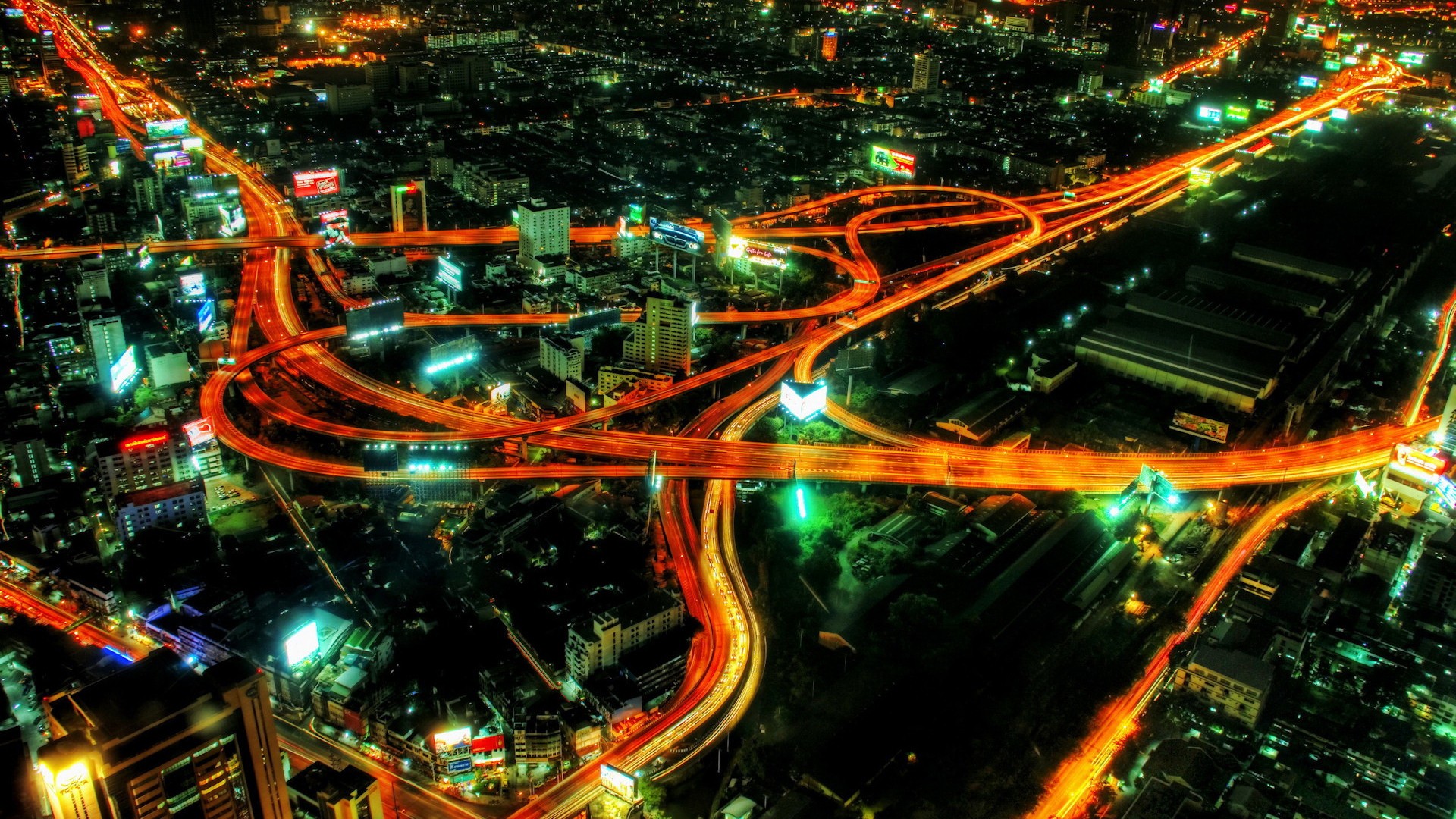 General 1920x1080 city Bangkok traffic highway light trails aerial view Asia city lights long exposure cityscape