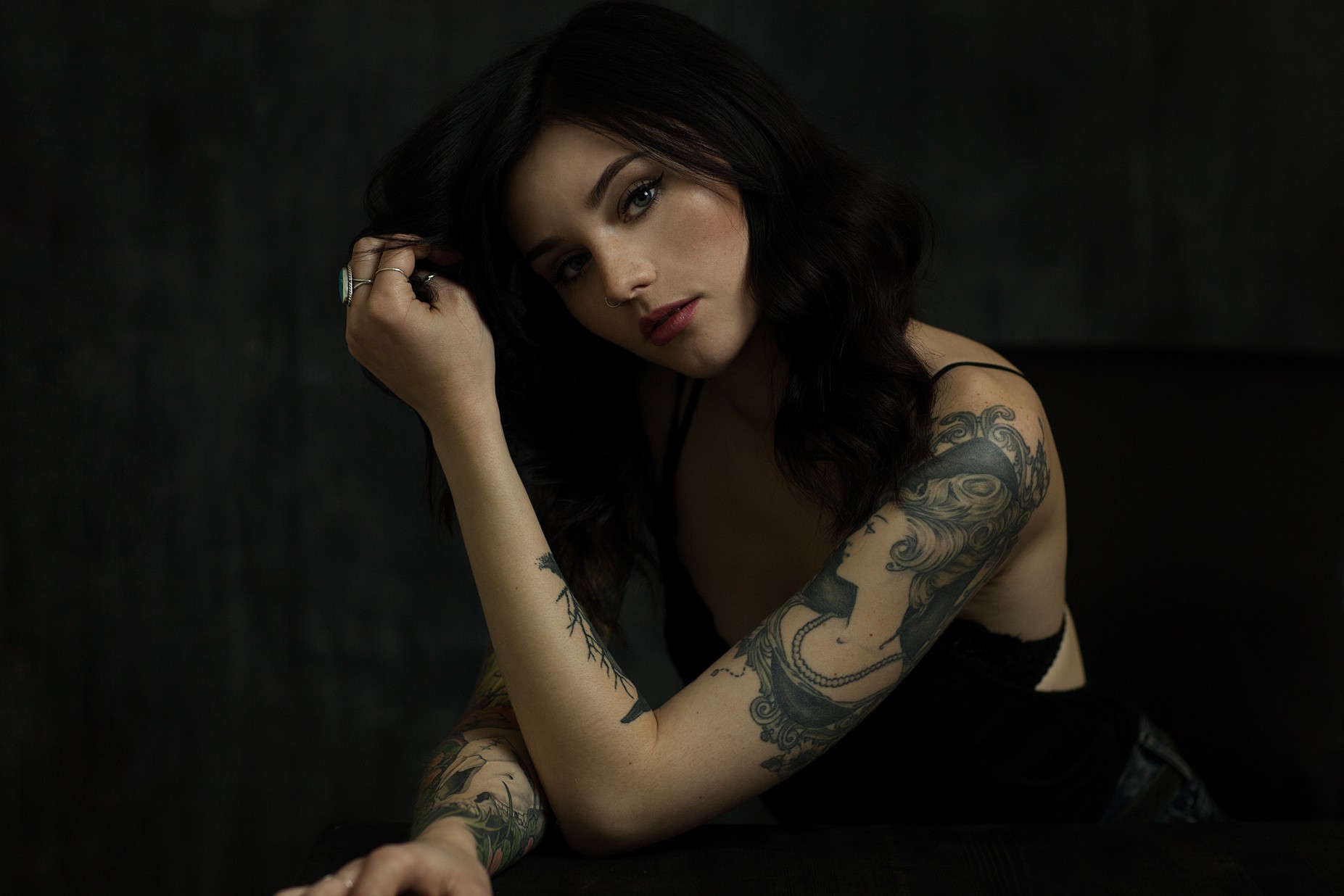 People 1853x1236 women simple background tattoo black clothing face portrait women indoors indoors model inked girls dark hair nose ring red lipstick looking at viewer studio