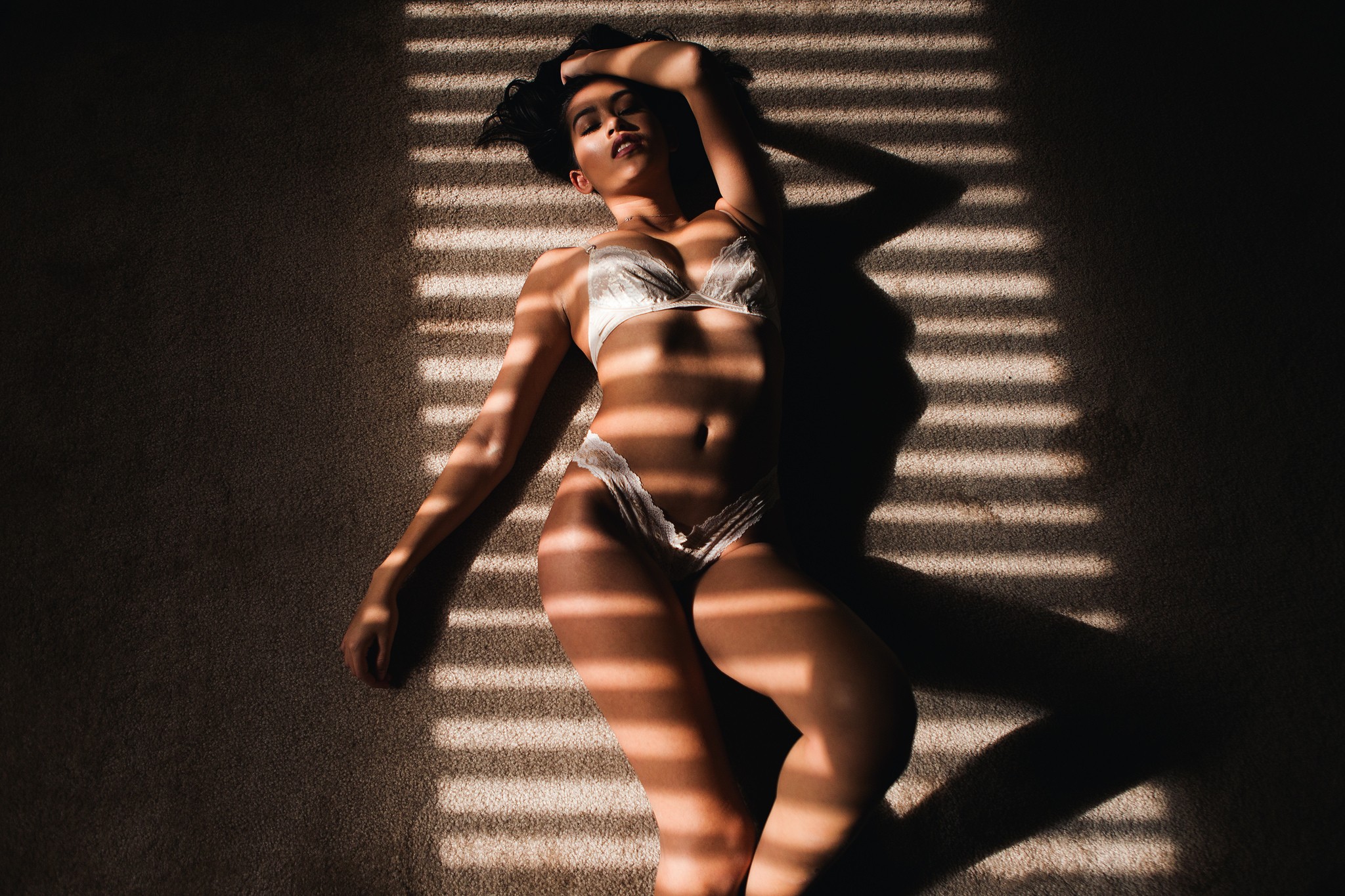 People 2048x1365 women white lingerie closed eyes on the floor Asian Justin Swain Michelle Xuxu model bra belly panties lying on back underwear