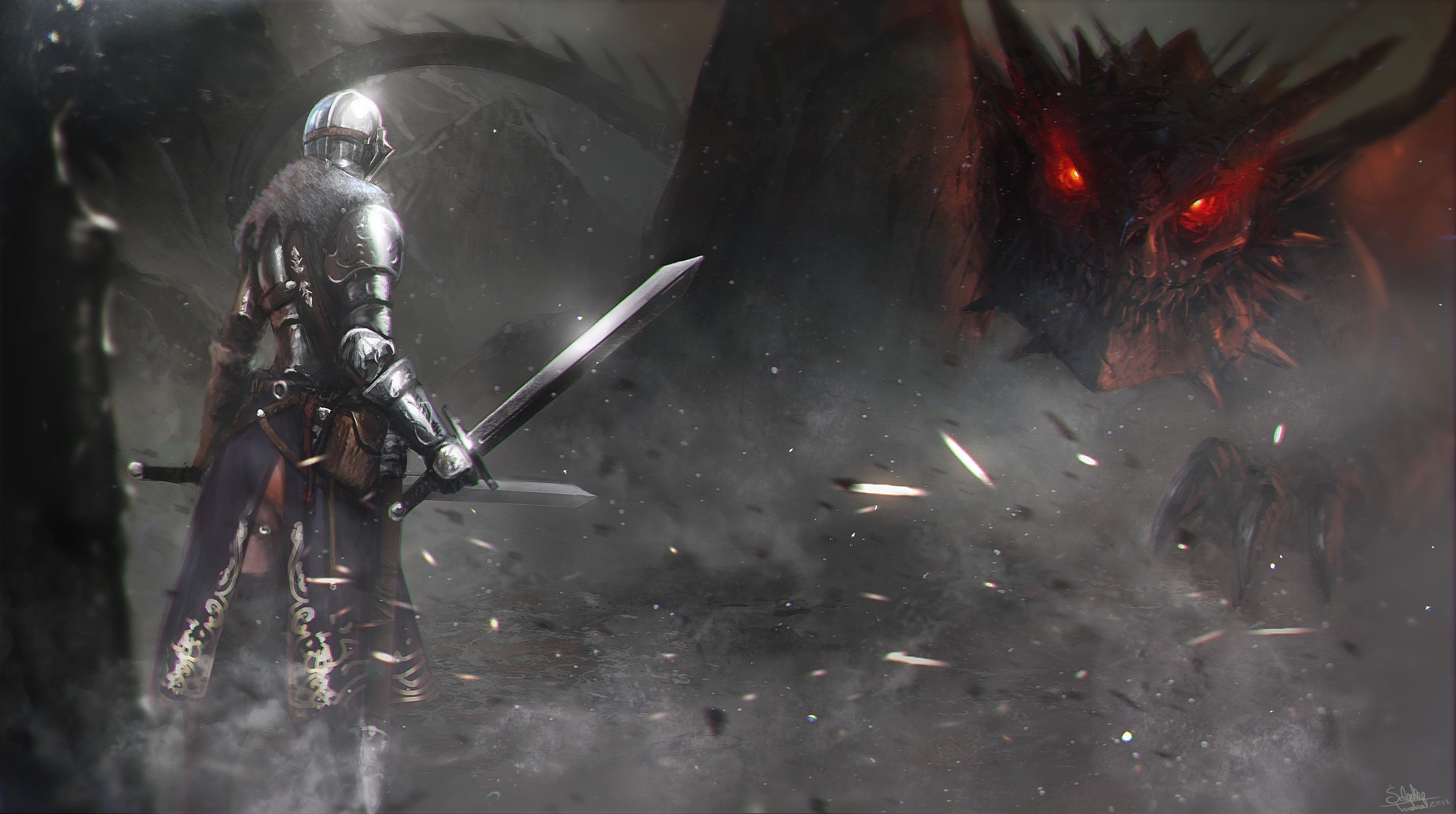 General 2542x1422 artwork knight dragon armor Dark Souls video game art creature glowing eyes red eyes fantasy armor video games