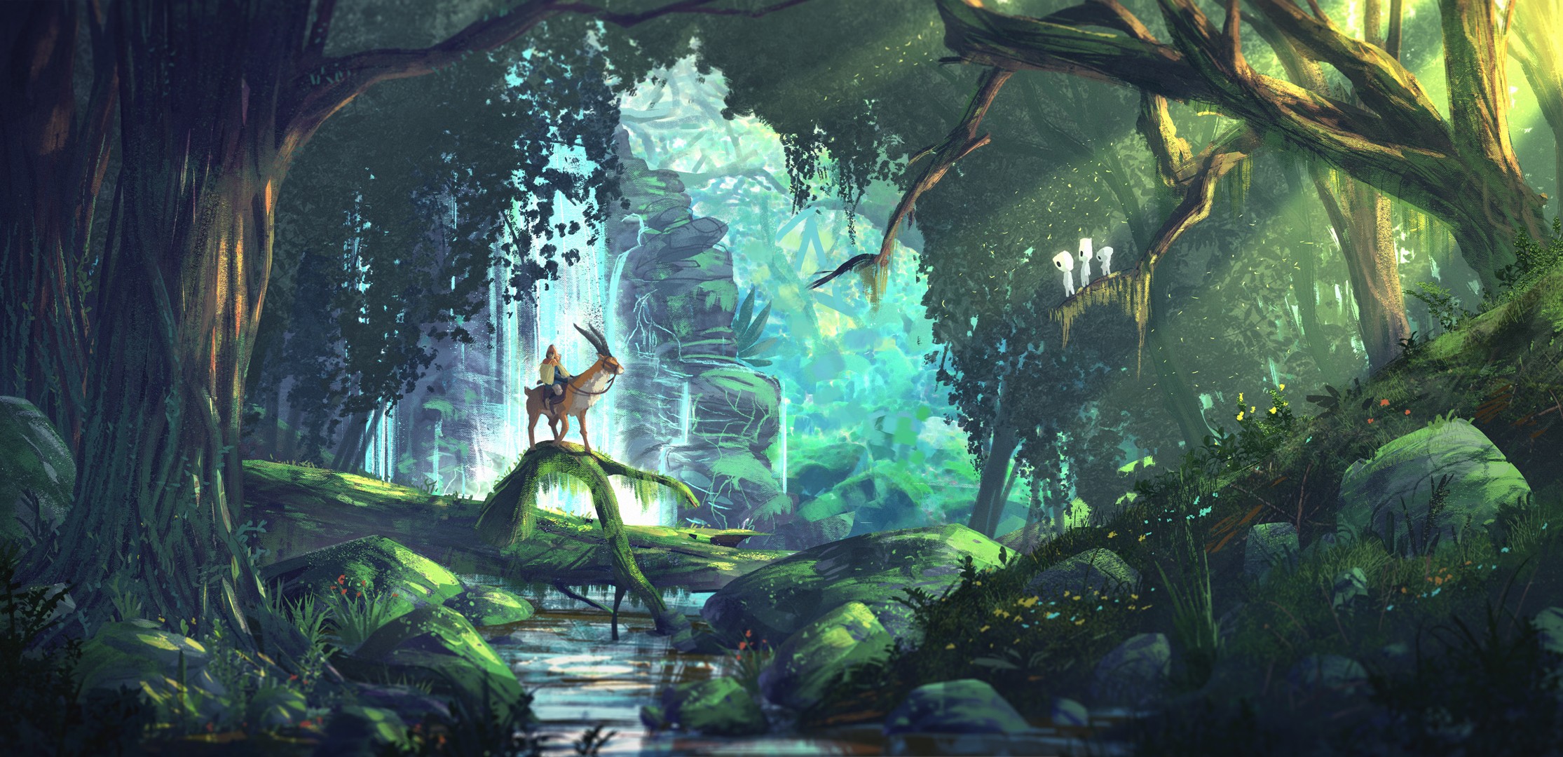 Anime 2230x1080 fantasy art anime forest Princess Mononoke Studio Ghibli Ashitaka