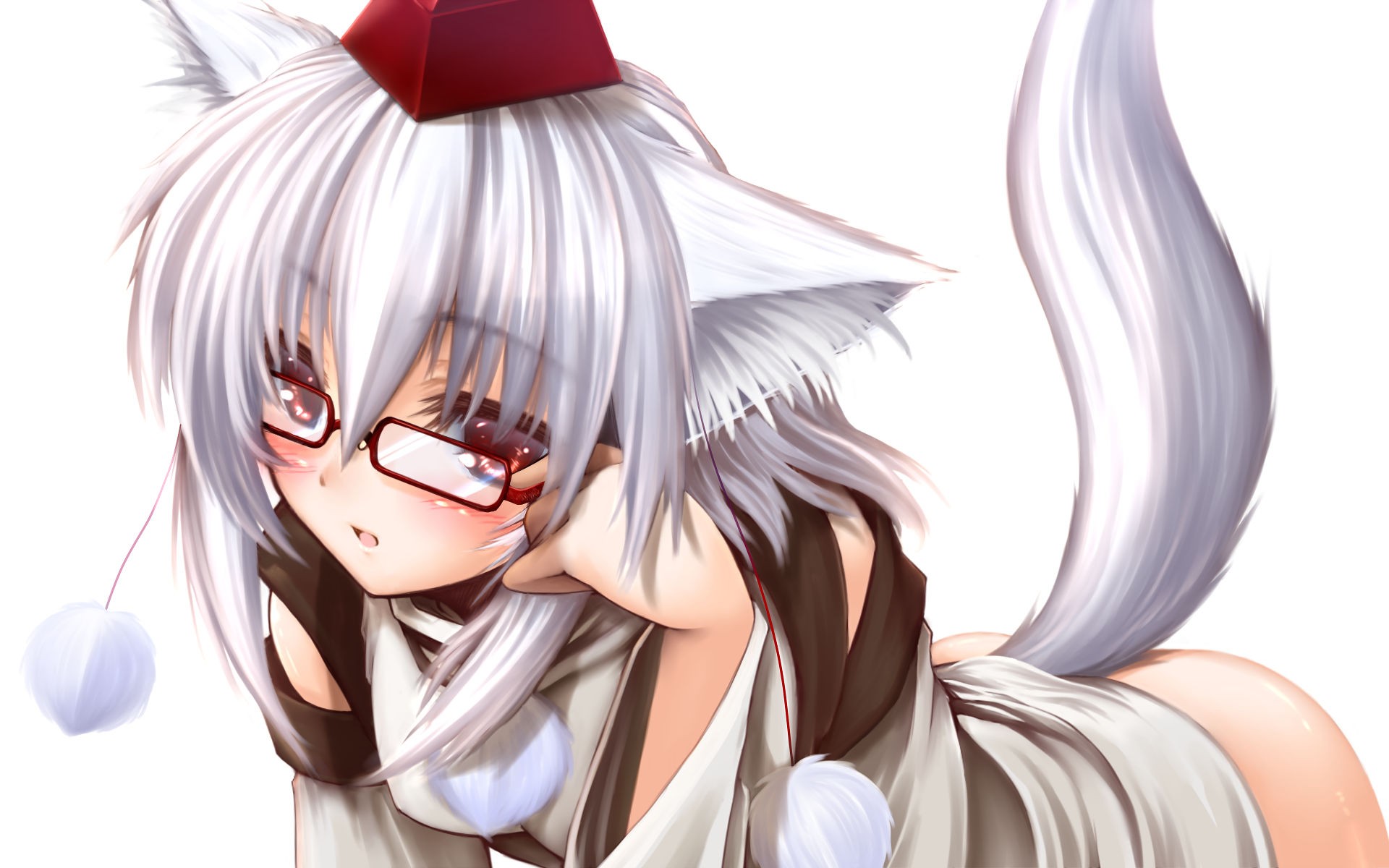 Anime 1920x1200 anime girls anime cat girl Touhou glasses Inubashiri Momiji animal ears tail wolf girls women with glasses red eyes white background