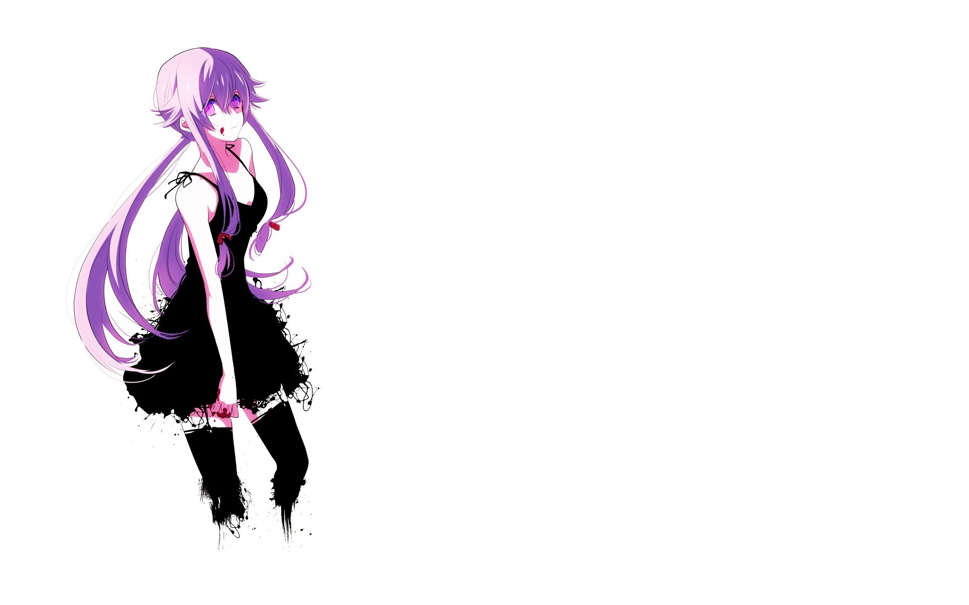 Anime 1920x1200 anime girls anime Gasai Yuno Mirai Nikki purple hair long hair simple background white background dress black dress stockings black stockings pink eyes