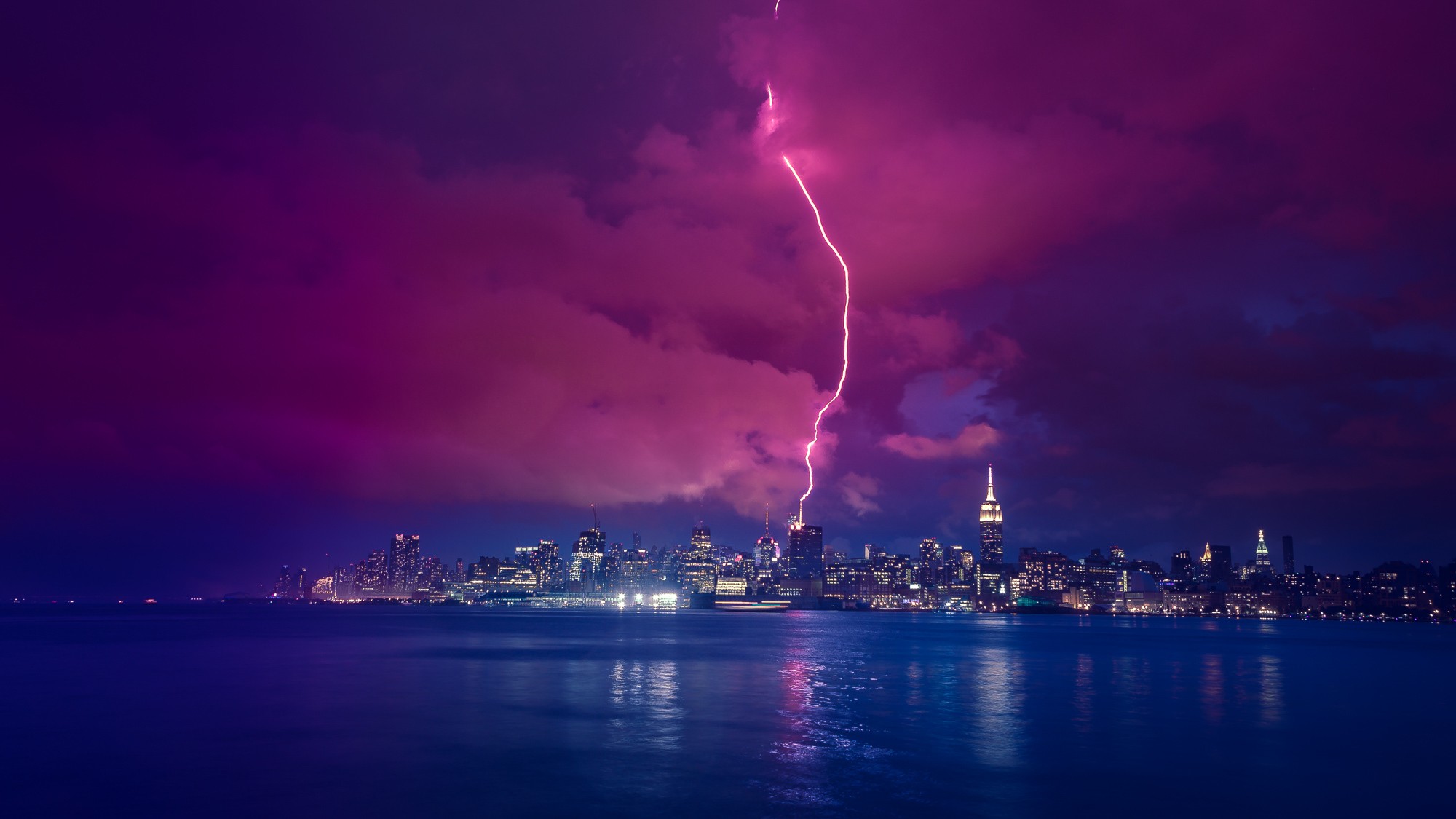 General 2000x1125 sea night lightning New York City skyline cityscape digital art USA sky clouds