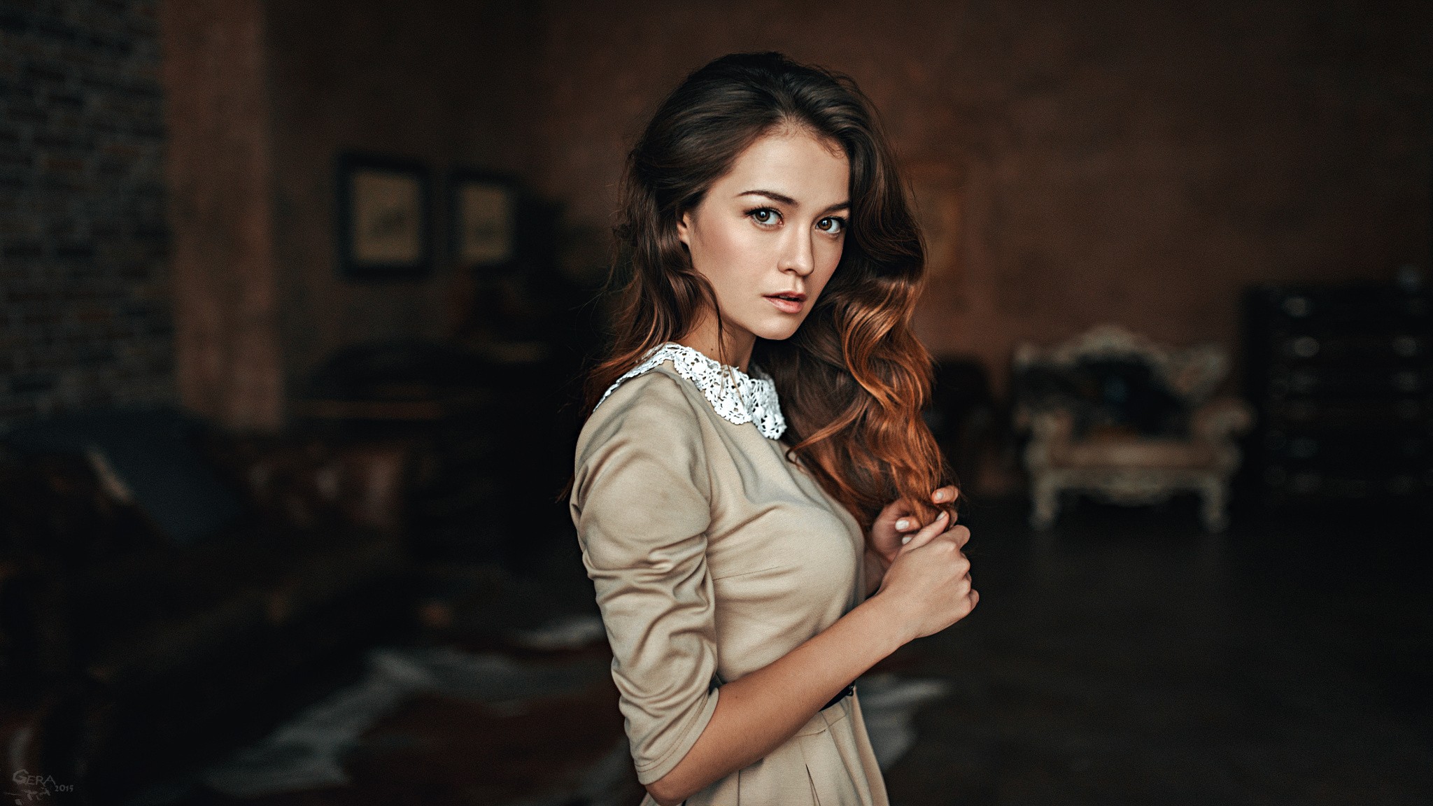 People 2048x1152 women brunette Georgy Chernyadyev dress long hair Anastasia Zonova women indoors indoors looking at viewer 2015 (Year) model