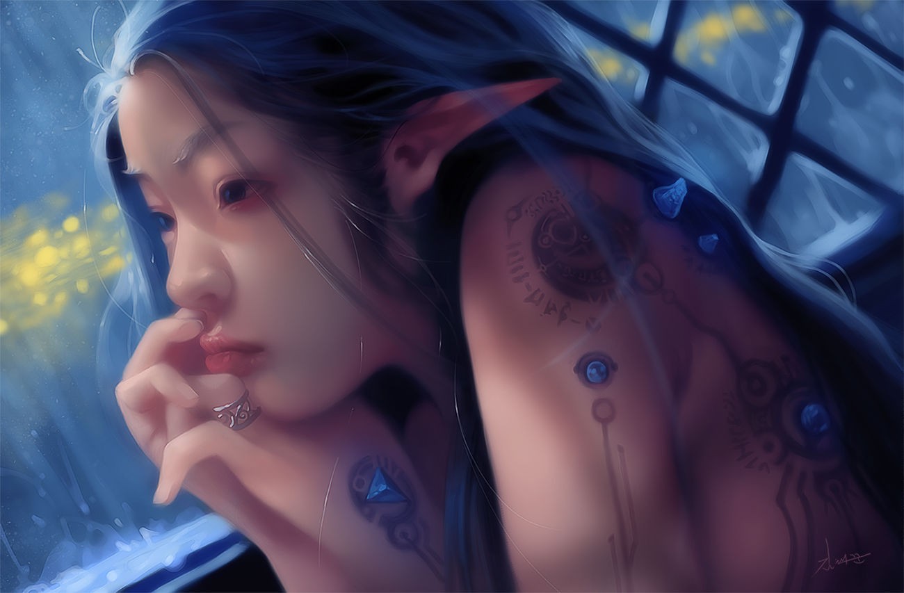 General 1300x853 fantasy art pointy ears blue hair tattoo women Asian fantasy girl inked girls face closeup dark eyes watermarked