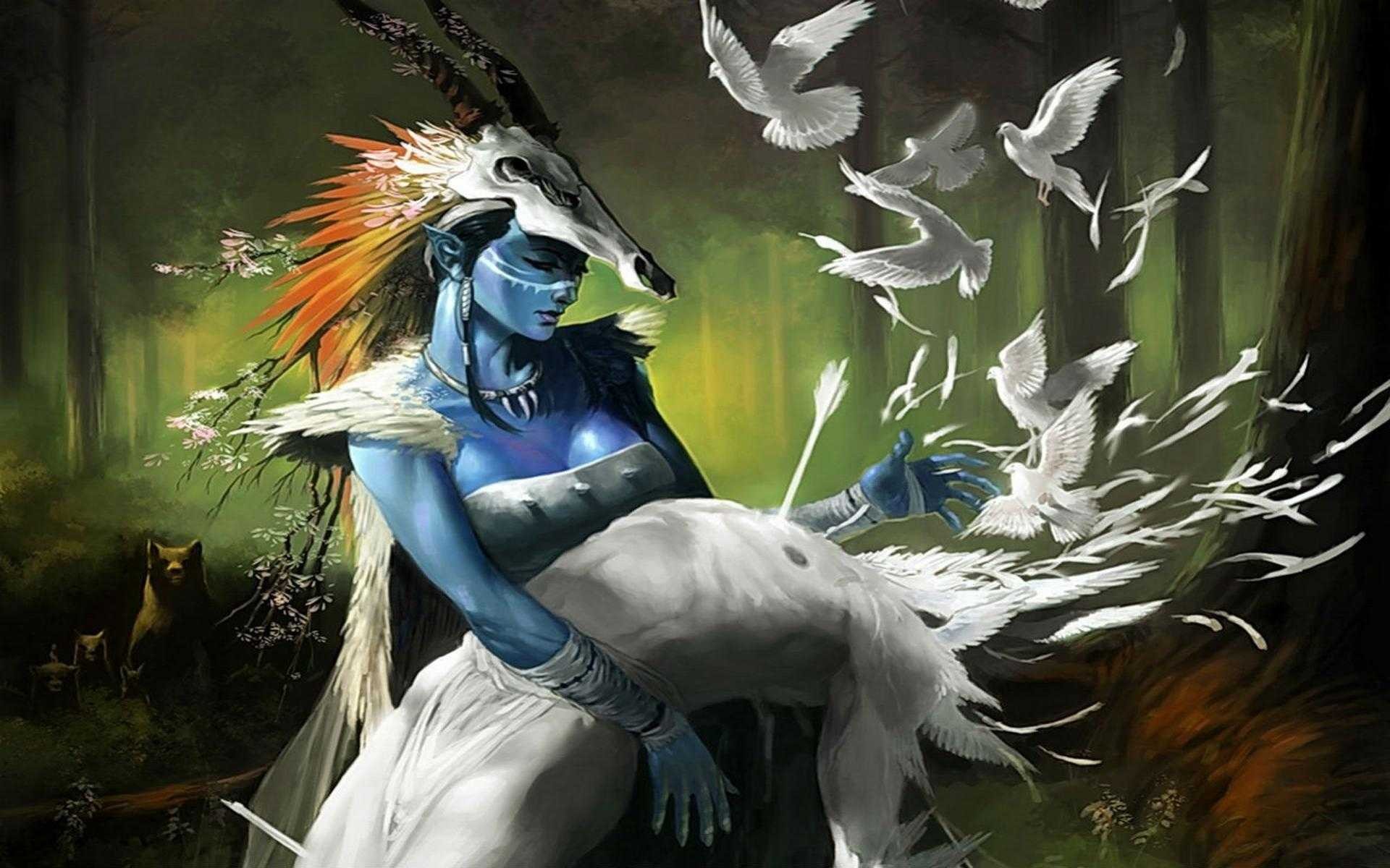 General 1920x1200 fantasy art artwork fantasy girl blue skin birds animals