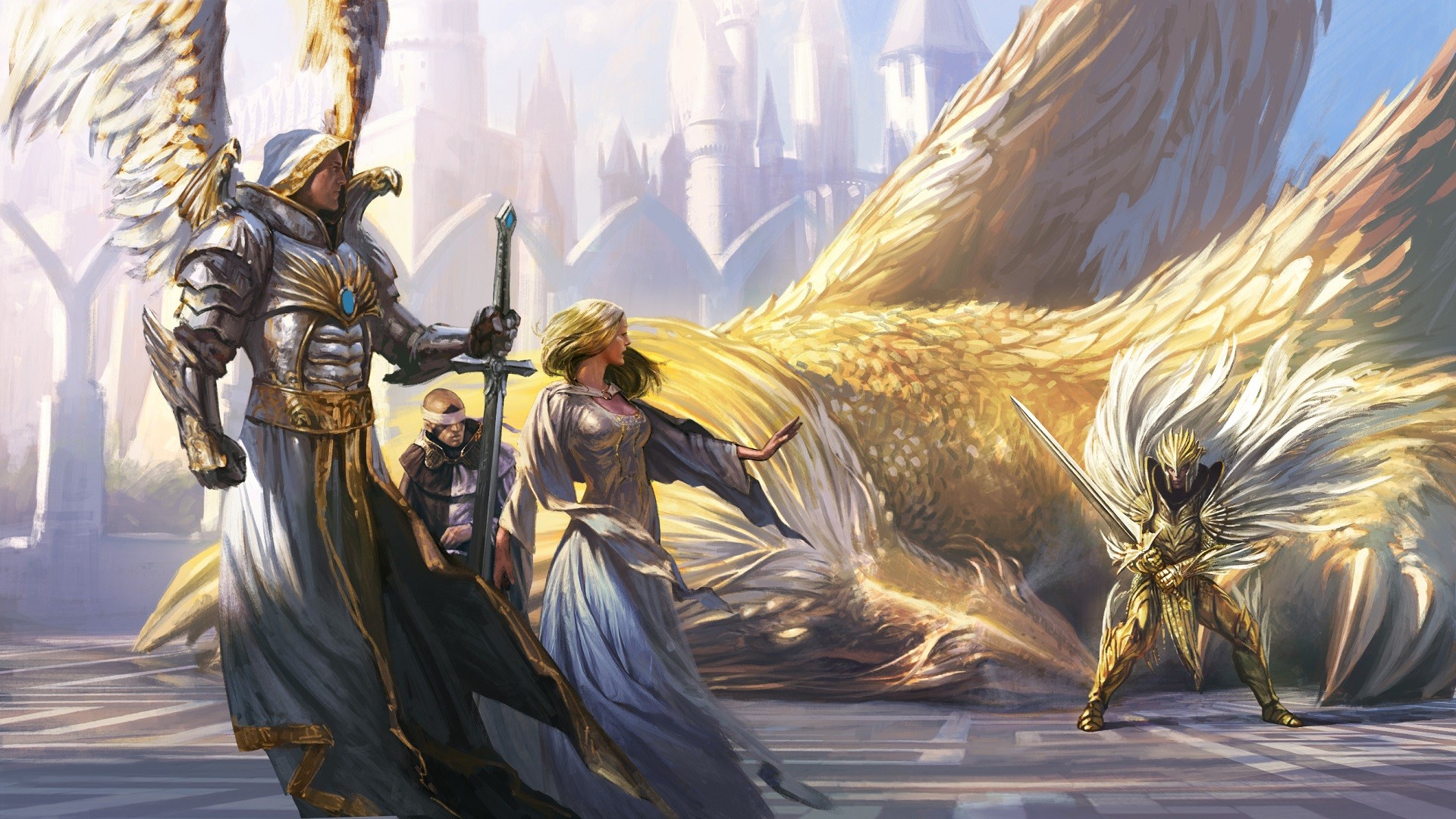 General 1920x1080 Might And Magic Heroes of Might and Magic fantasy art angel wings armor sword knight women griffins dragon PC gaming fantasy men fantasy girl video game art
