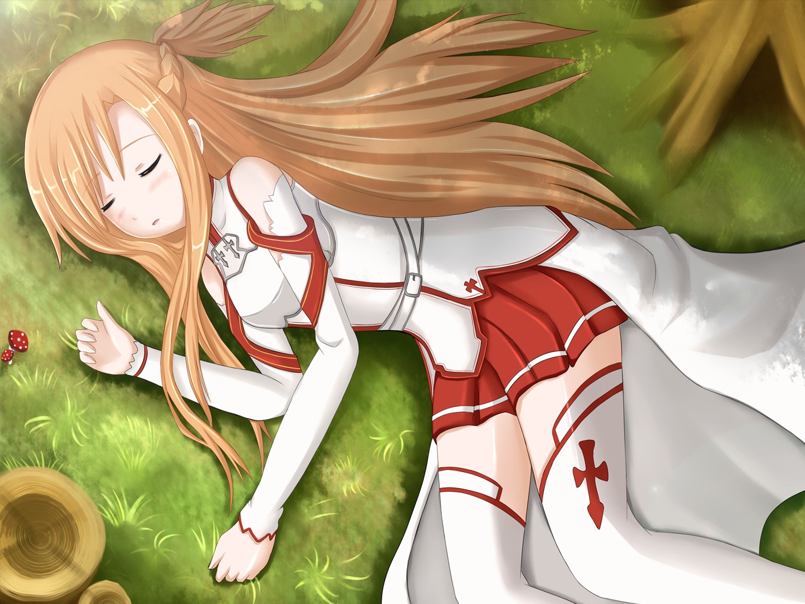 Anime 1600x1200 Sword Art Online anime girls anime closed eyes long hair DeviantArt lying down mushroom stockings brunette Yuuki Asuna (Sword Art Online) sleeping