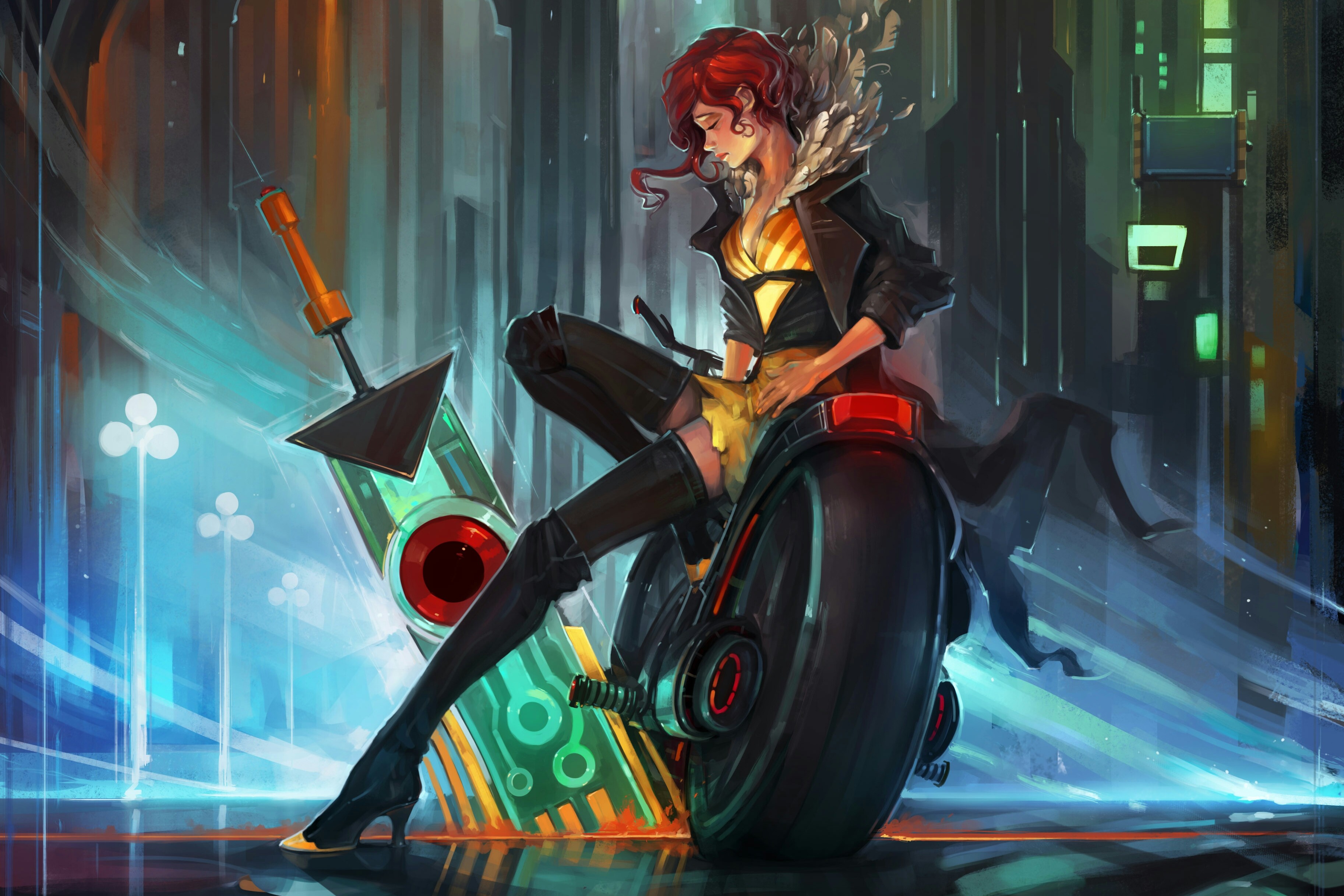 General 3651x2435 Transistor Red (Transistor) Supergiant Games Red (character) artwork women redhead motorcycle vehicle legs video games PC gaming video game girls women with motorcycles video game art