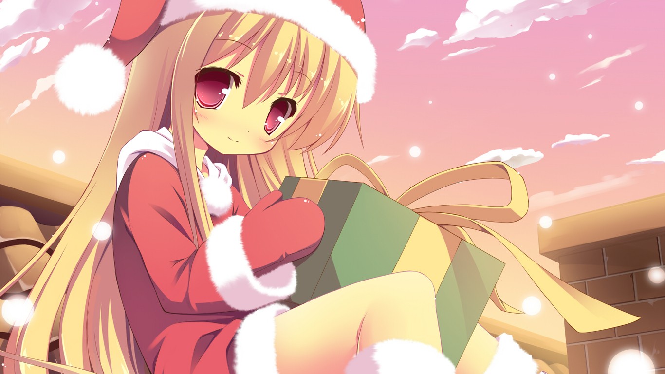 Anime 1366x768 anime Christmas original characters anime girls holiday Christmas presents looking at viewer blonde long hair gloves Santa costume