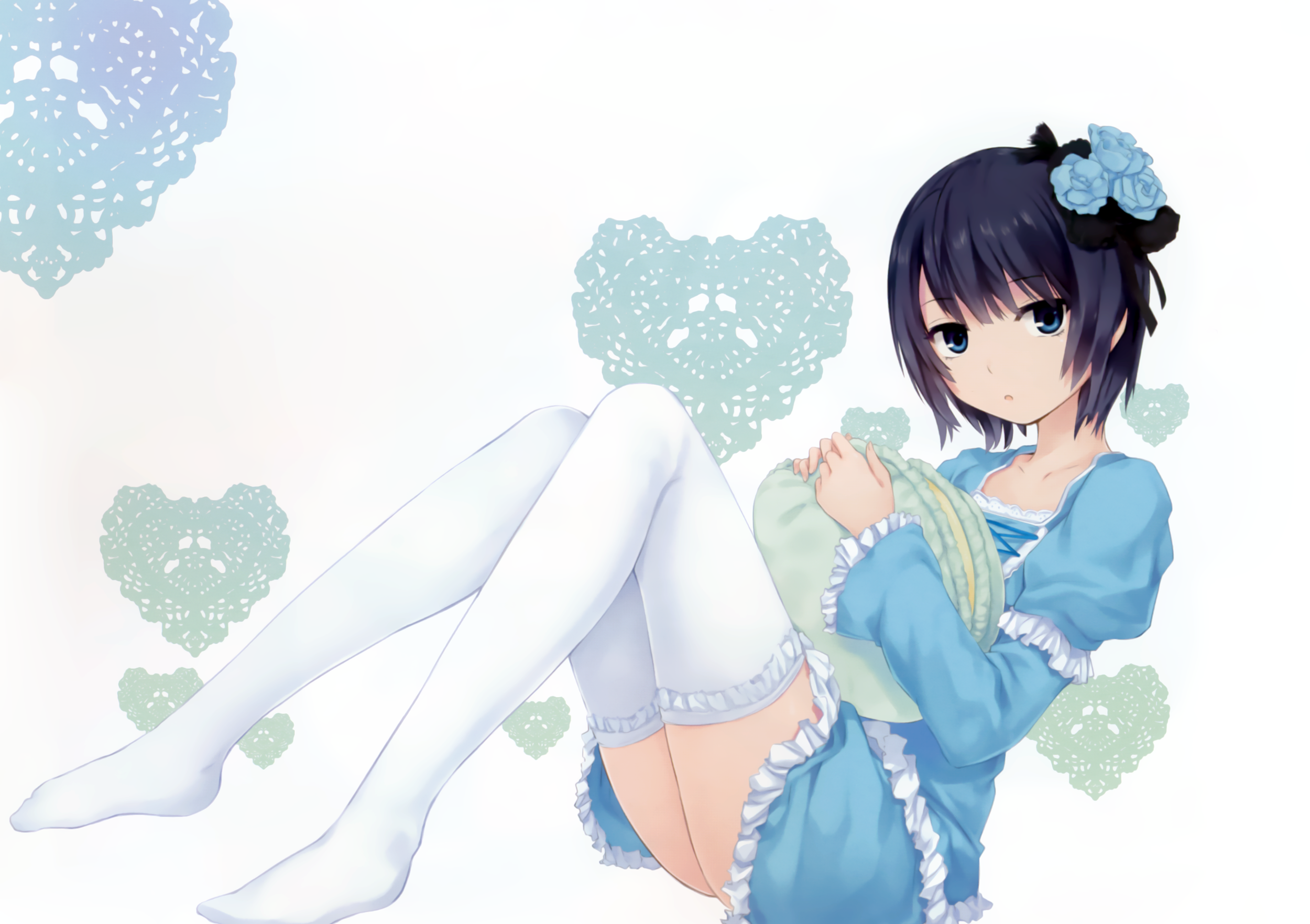 Anime 2500x1763 anime anime girls short hair thigh-highs Coffee-Kizoku original characters looking at viewer stockings white stockings blue eyes flower in hair blue dress dress blue clothing simple background white background