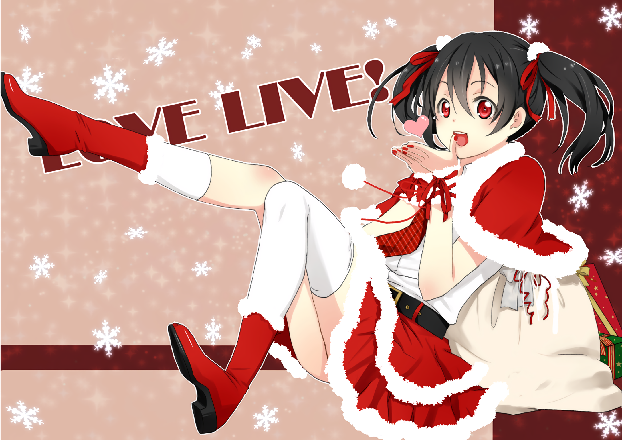Anime 2174x1536 Love Live! Yazawa Nico twintails red eyes anime anime girls thigh-highs Christmas black hair dark hair open mouth painted nails red nails skirt stockings
