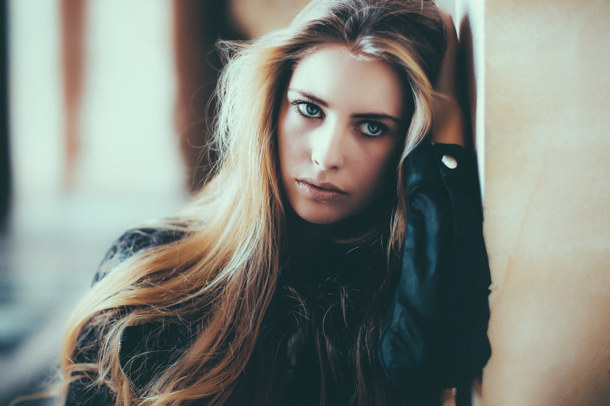 People 2048x1365 women face portrait blonde looking away hands on head David Olkarny Camille Rochette leather jacket long hair black jackets jacket makeup dyed hair young women closeup