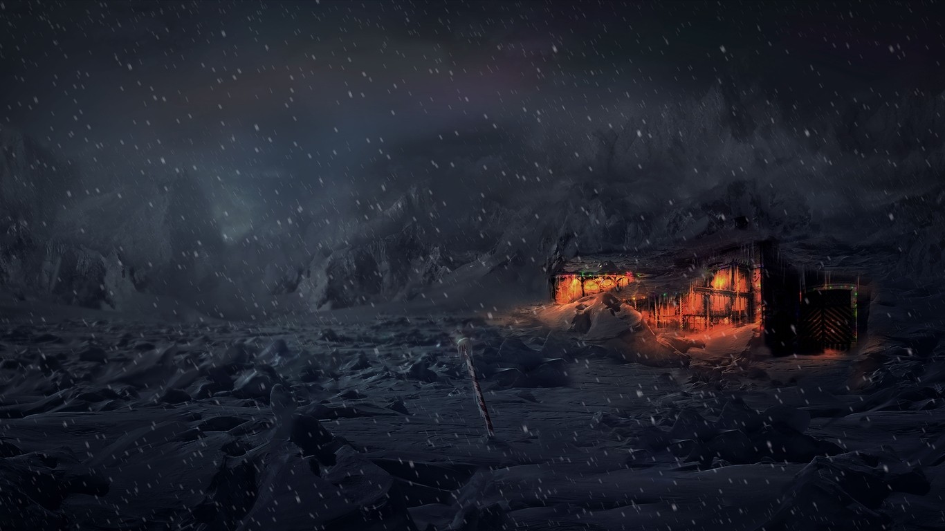 General 1366x768 fantasy art snow lights north pole hut cold outdoors nature landscape mountains