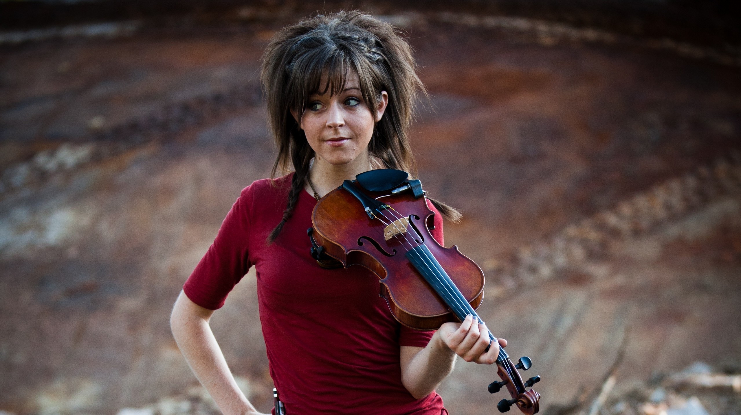 People 2560x1436 Lindsey Stirling violin women musician women outdoors musical instrument red t-shirt