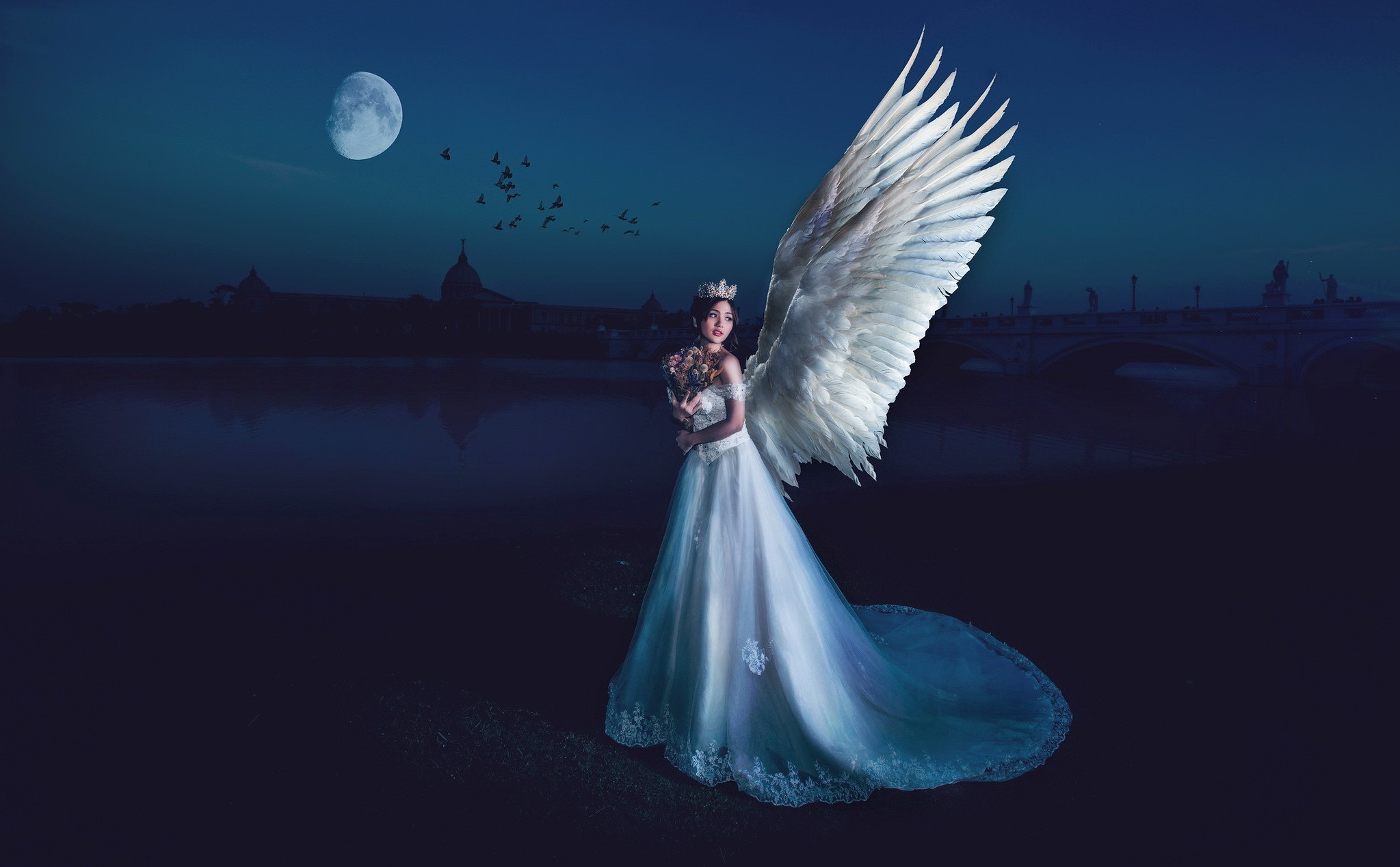 People 2047x1269 fantasy art night angel women wings crown Moon birds white dress dress white clothing bouquet sky women outdoors model