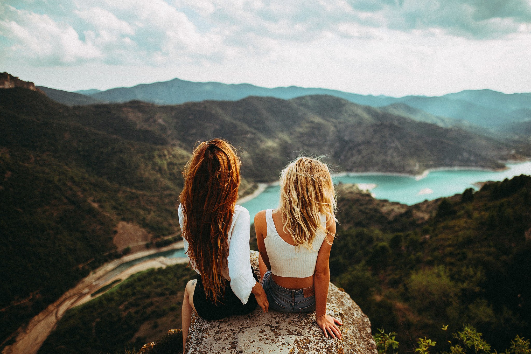 People 2048x1365 women women outdoors long hair sitting redhead blonde tank top jean shorts panorama mountains river depth of field rear view windy two women landscape nature outdoors