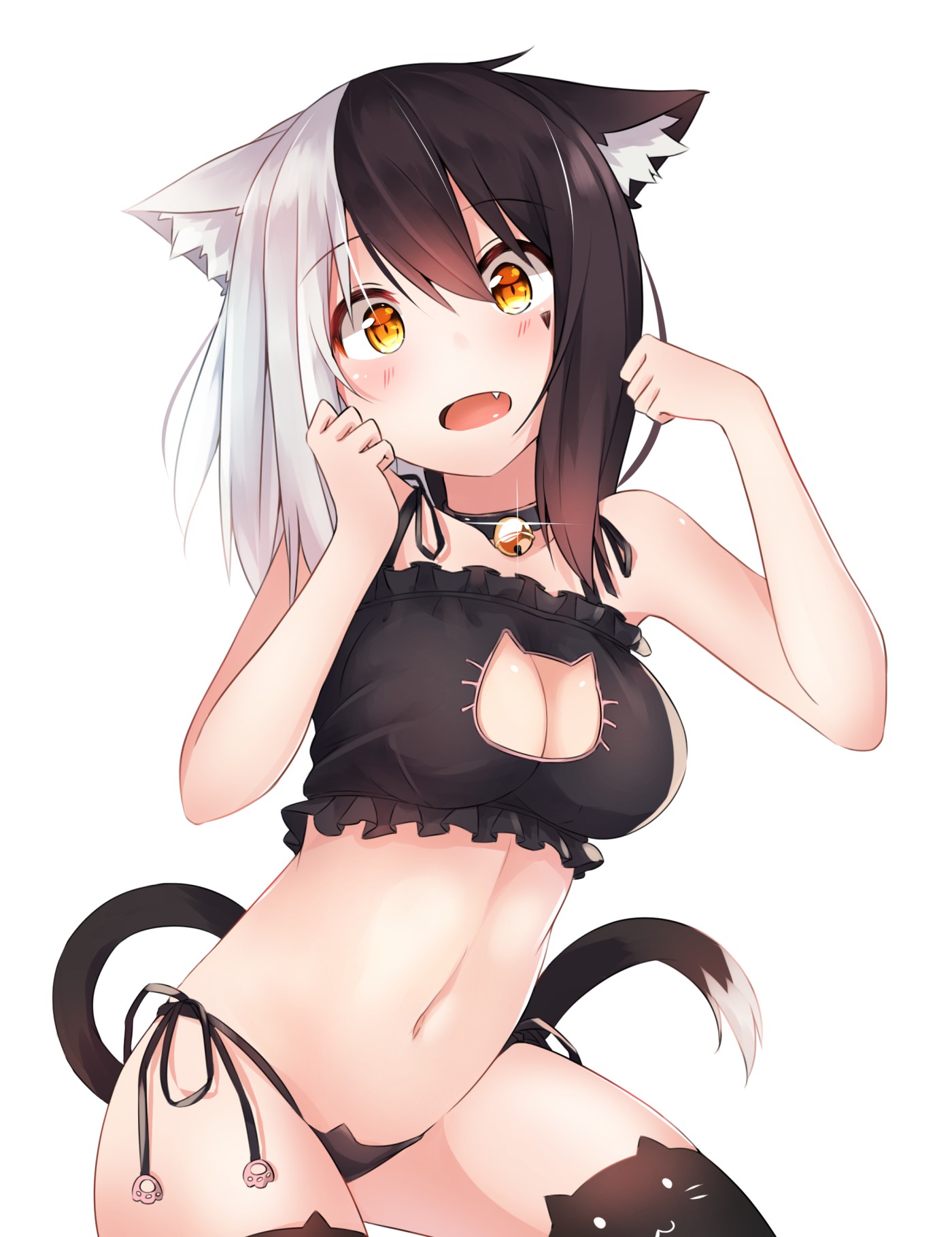 Anime 1400x1820 anime anime girls cat girl original characters animal ears cat keyhole bra bra boobs belly tail Pixiv open mouth yellow eyes simple background white background