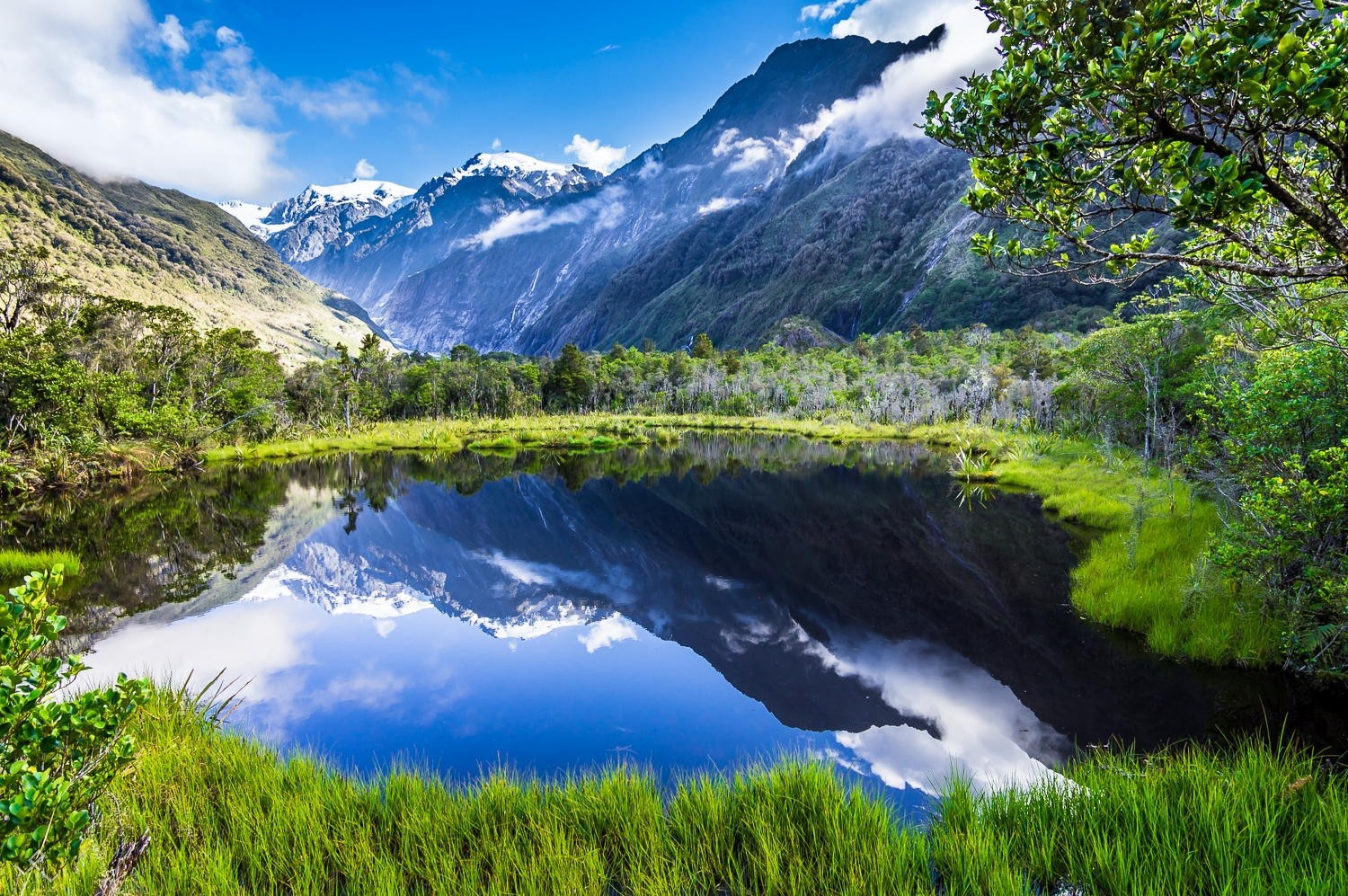 General 1500x997 nature landscape summer lake reflection mountains grass forest snowy peak clouds New Zealand