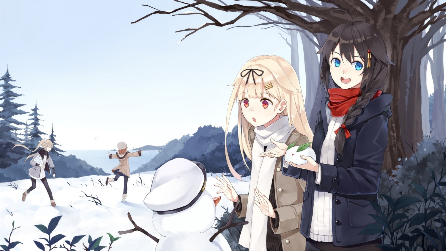 Anime 1500x844 Kantai Collection Murasame (KanColle) Shigure (KanColle) Shiratsuyu (KanColle) Yuudachi (KanColle) snow group of women winter cold outdoors snowman trees open mouth landscape