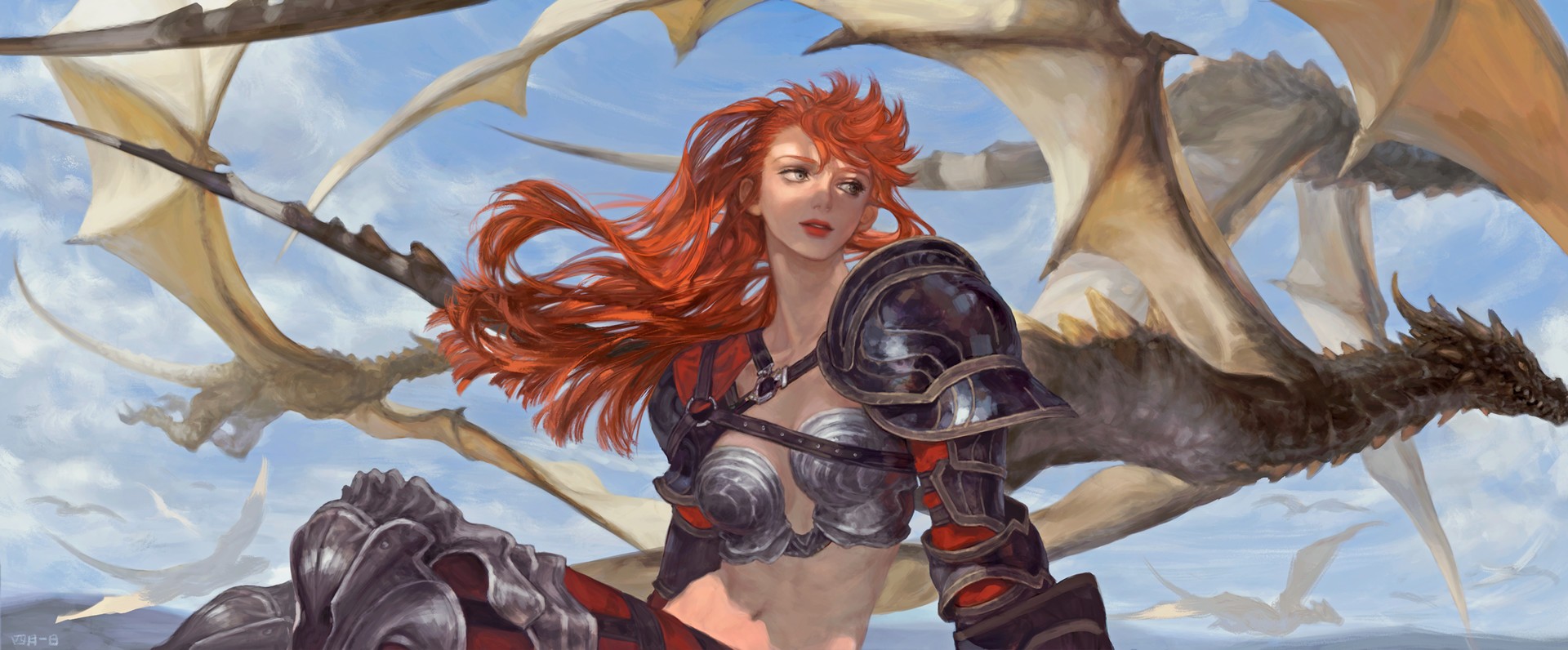 General 1920x796 fantasy art redhead dragon fantasy girl bra women creature long hair sky wings looking away