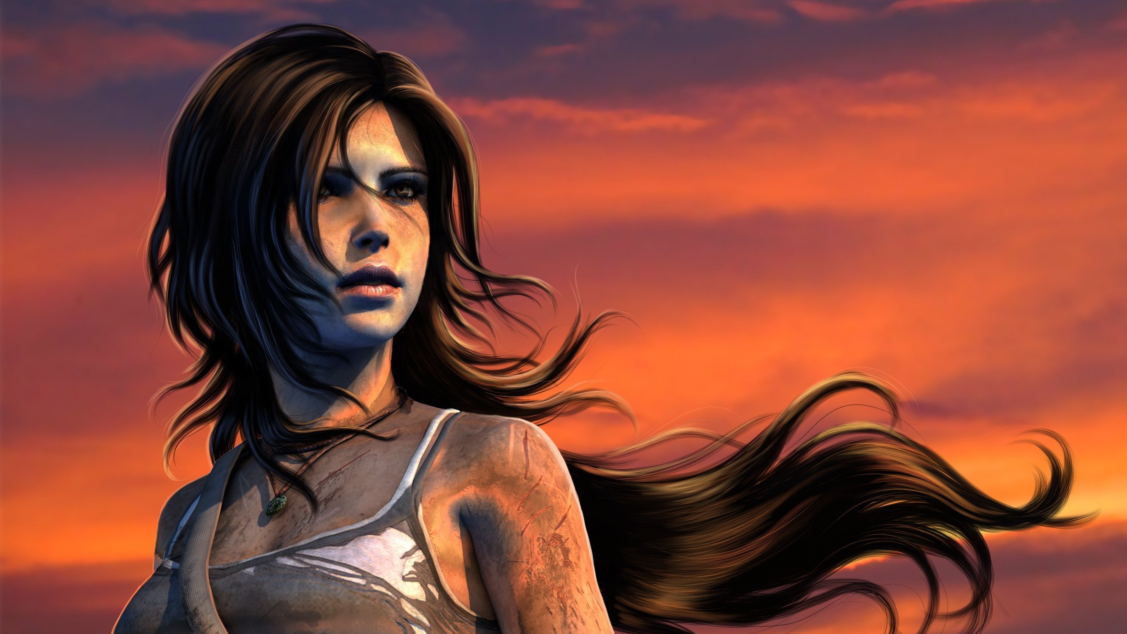General 3840x2160 artwork Video Game Heroes necklace video game art video games long hair Tomb Raider Lara Croft (Tomb Raider) video game girls video game characters orange sky looking into the distance adventurers
